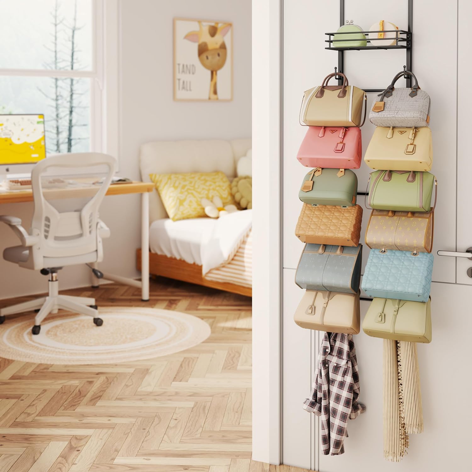 HapiRm Over The Door Purse Organizer - Wall Mounted Purse Rack with 16 Hooks and Metal Basket, Hanging Handbag Organizer Holds up to 16 Bags, Bag Rack Can Use As 1/2 Part, for Door, Closet (Black) - Image 2