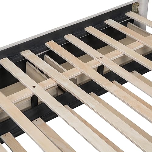 Miniatura 27 de Merax Base de cama tapizada de tamaño matrimonial con cama nido de tamaño individual, 2 cajones, cabecera con patrón de ladrillo y soporte de