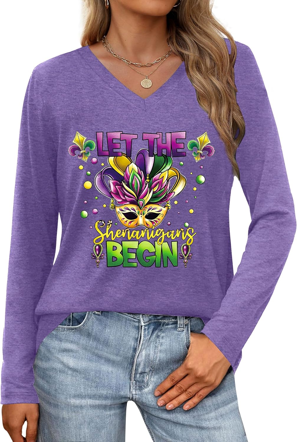 Mardi Gras Shirts Women: Fat Tuesday Shirt Carnival Mask Graphic Tee New Orleans Party Long Sleeve V Neck Top