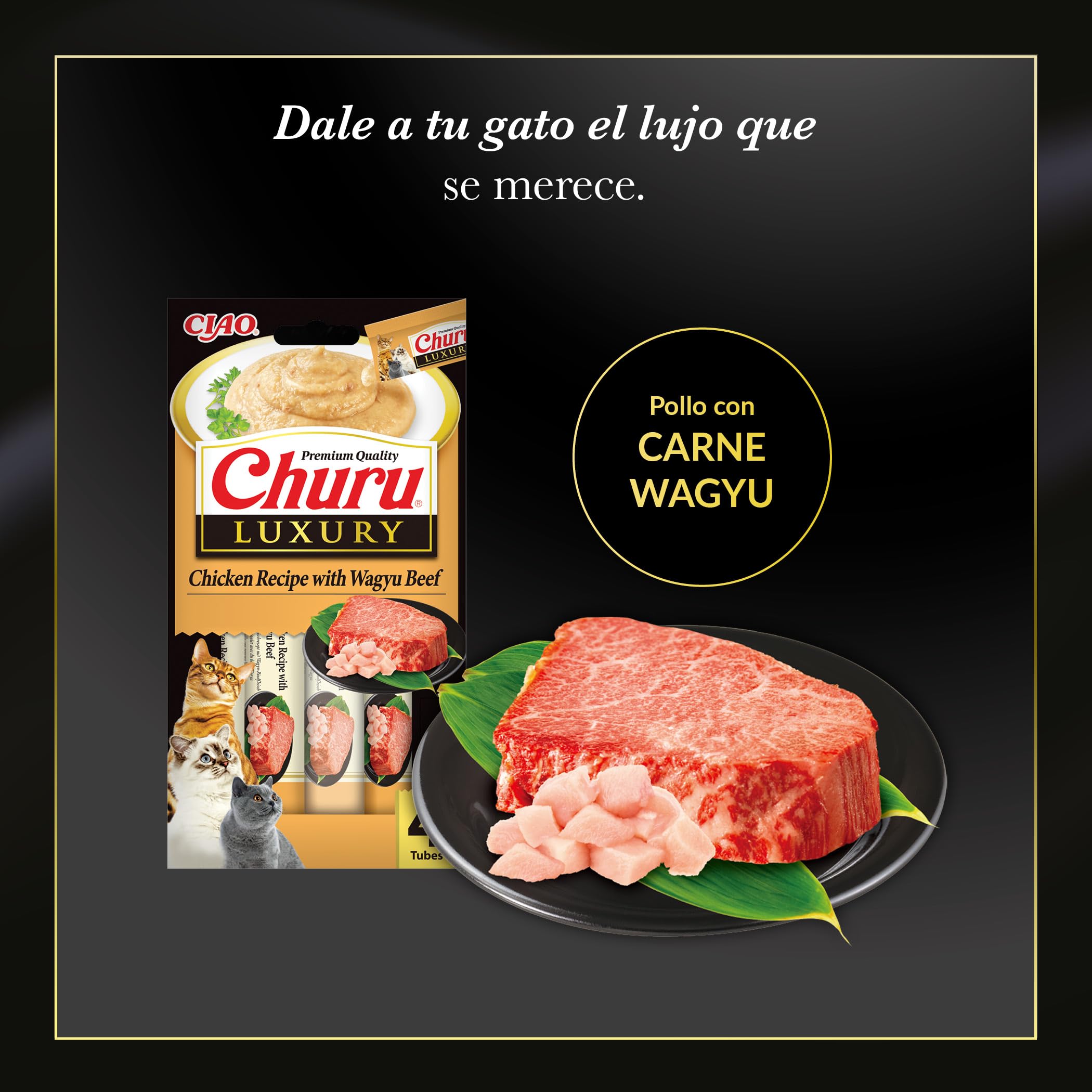INABA Churu Luxury Gatos - Receta Saludable de Pollo y Carne de Wagyu - Deliciosos Premios con Textura Suave y Cremosa - Natural, Sin Cereales, Sin Colorantes-56g (4 Tubos x 14g)
