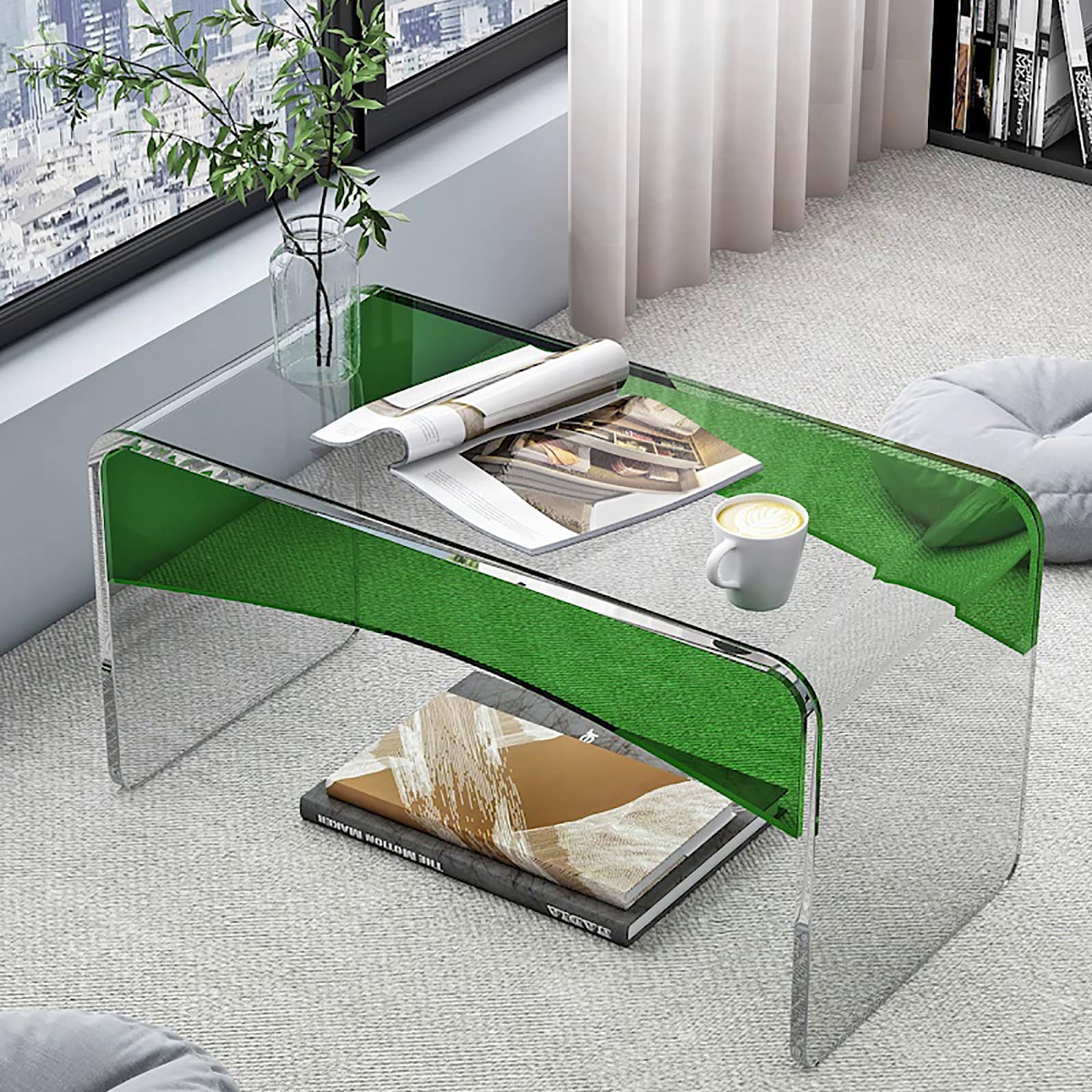 SXZenSpace C Shape Coffee Tables Clear Acrylic End Table Colorblock Design Living Room Modern Side Decorative Furniture(Green,65cm/26in)