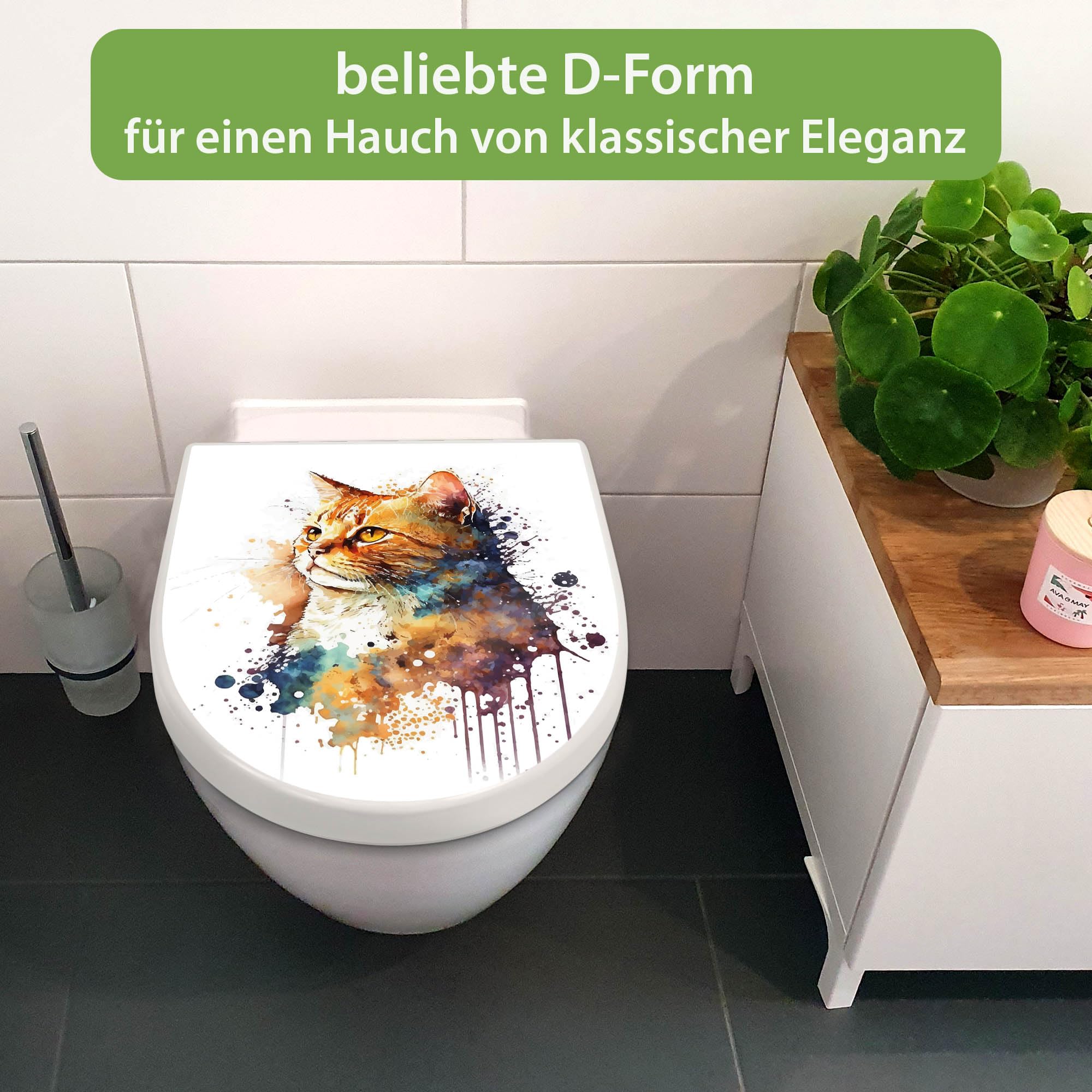 banjado WC Sitz mit Absenkautomatik D Form - Toilettendeckel mit Absenkautomatik D Form - Klodeckel Softclose - stabile Klobrille - Toilettensitz Weiß - Motiv Katzenportrait in Aquarell 1