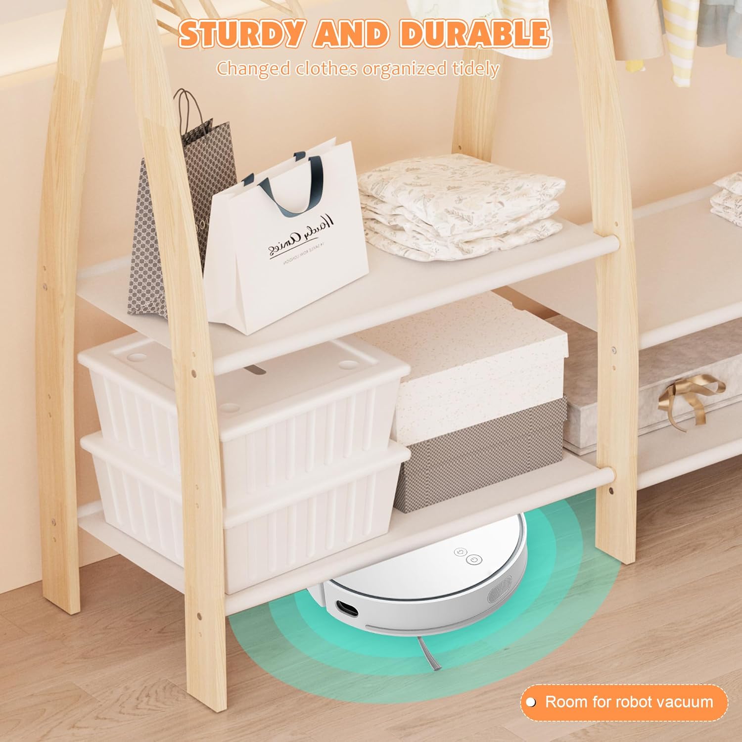 NACHES Kids Dress Up Rack for Girls, Double Toddler Clothing Rack with Storage, 2-Tier Hanging Closet Organizer with Bottom Shelves, Kids Garment Rack for Playroom Nursery