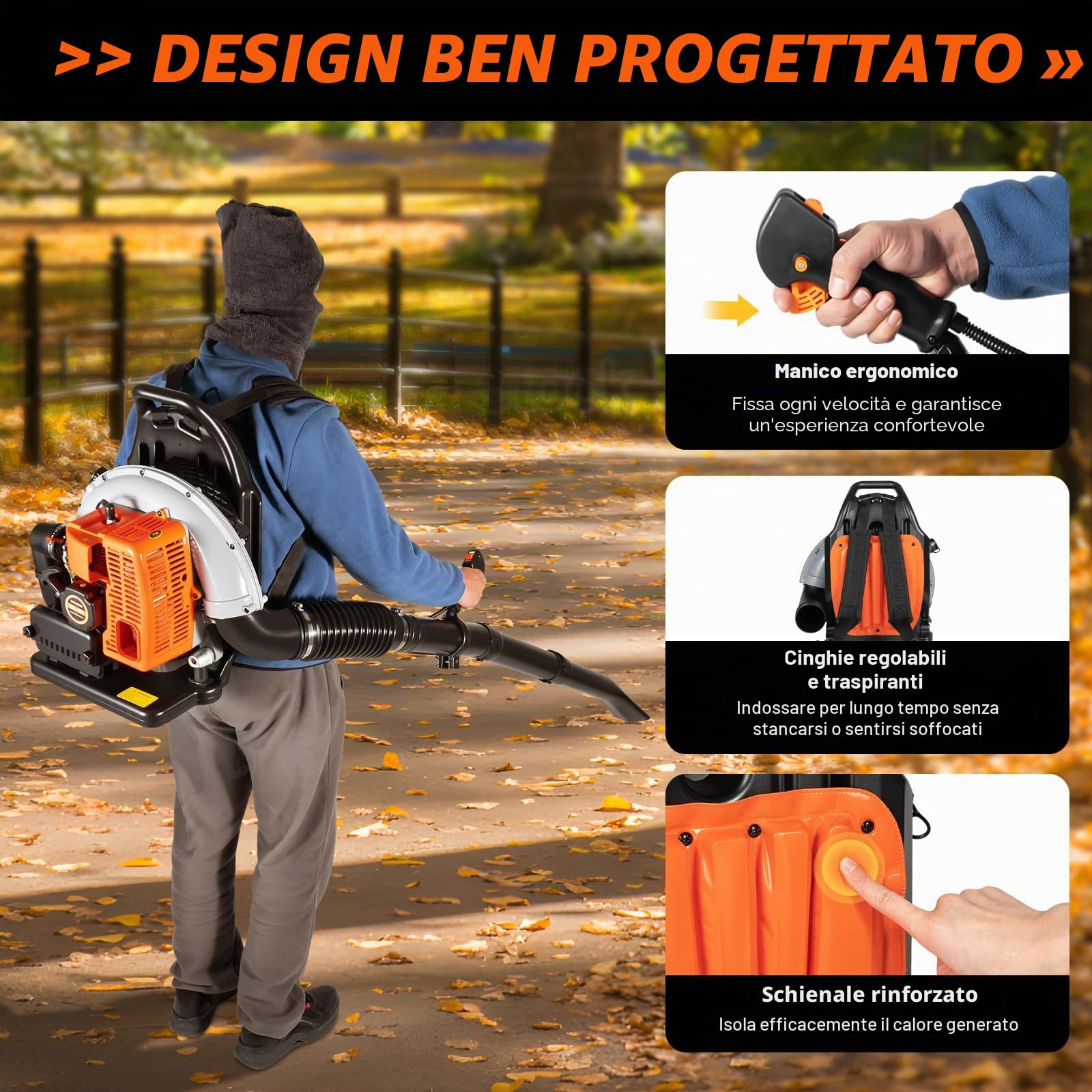Soffiatore a scoppio 63 cc, 2 tempi, 2.7kw Backpack Leaf, Soffiatore per Foglie a Benzina, Soffione Foglie Professionale, per la Schiena, 3,6 ps