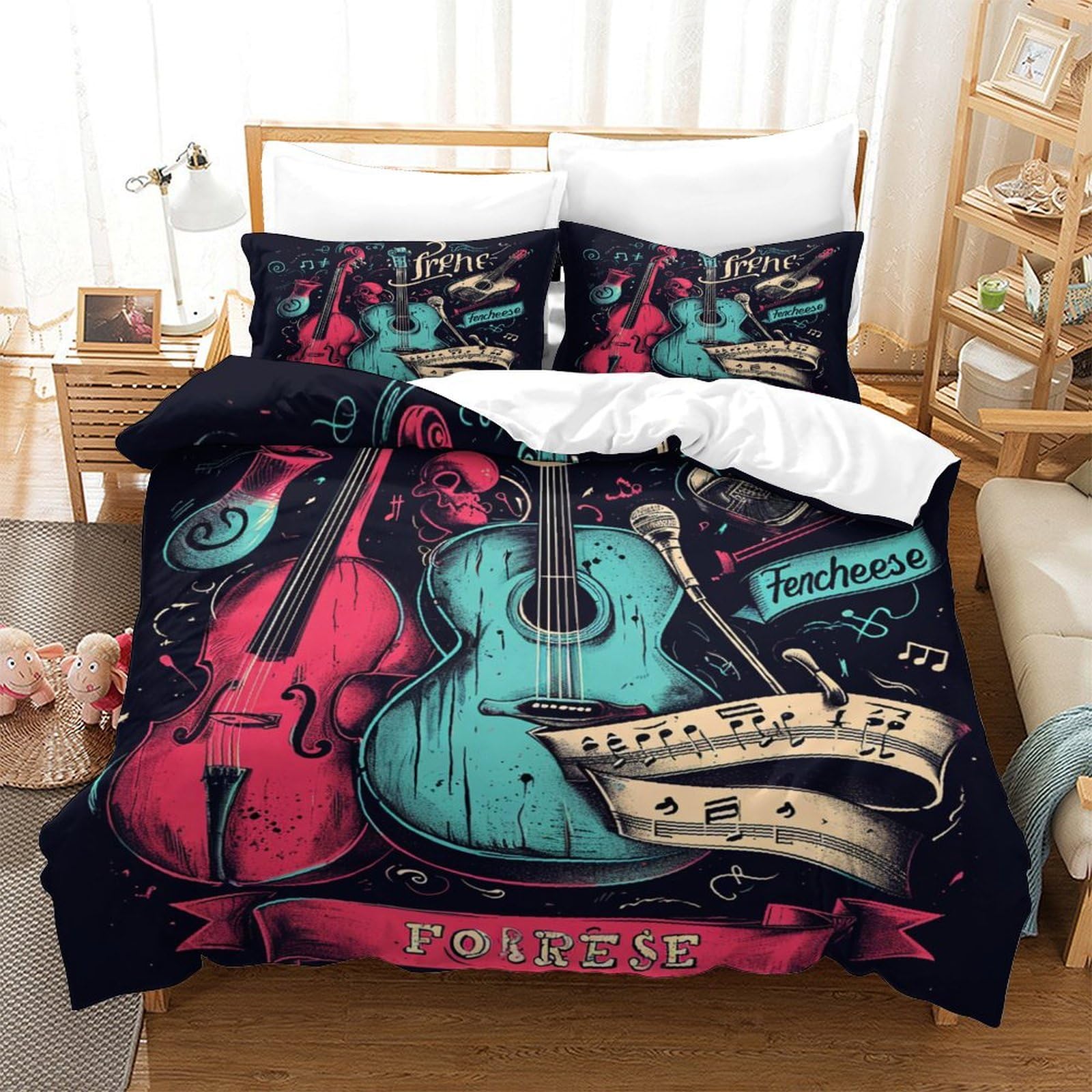 Housse de couette 140x200 motif guitare avec taies d'oreiller fermeture éclair lit 1 place