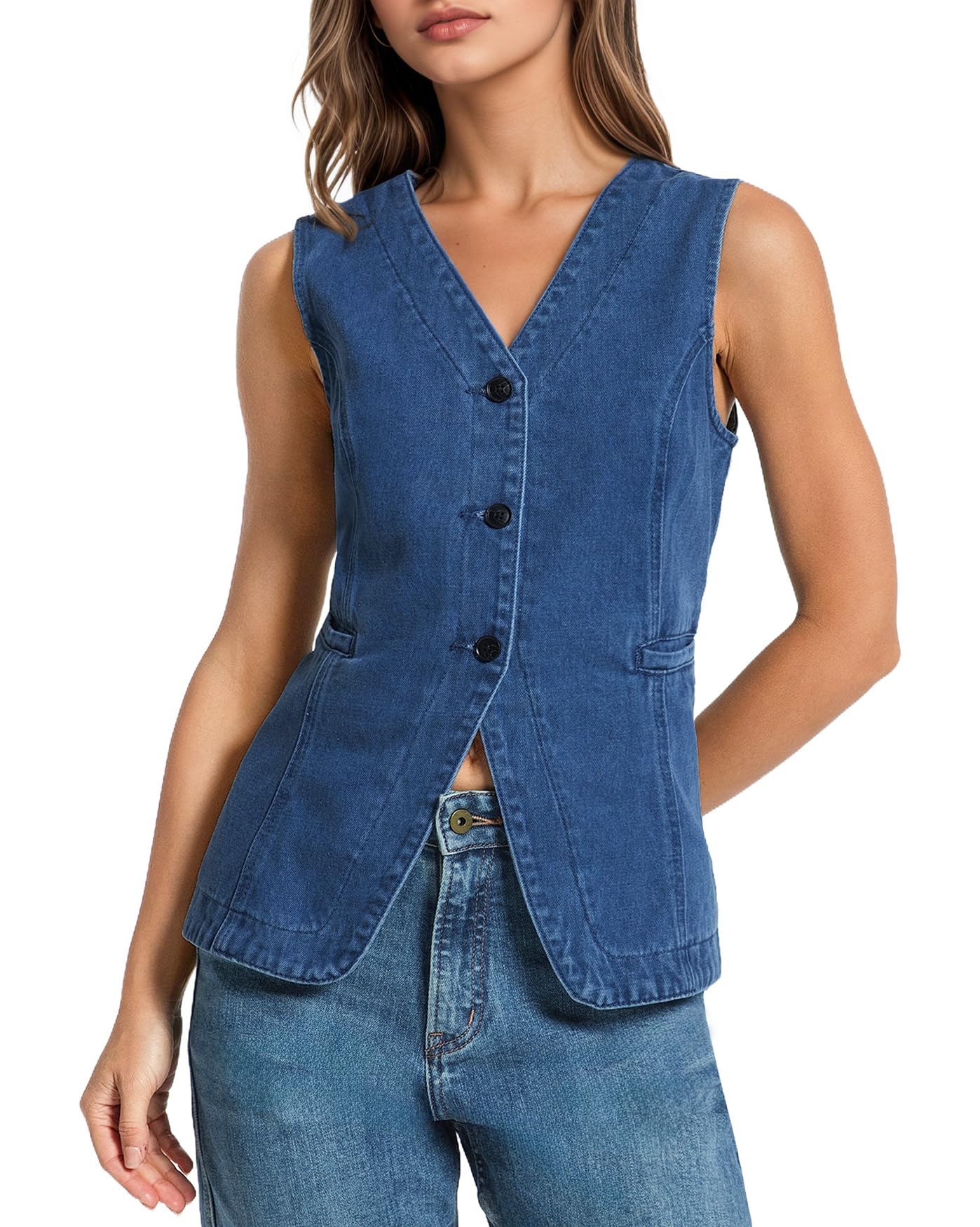 Kedera Denim Vest for Women Button Down Long Jean Waistcoat Casual Sleeveless Denim Jackets Slim Fit Jean Top
