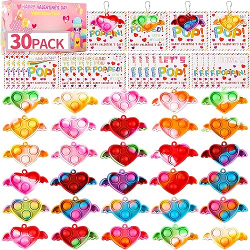 Weceit Regalos para el día de San Valentín para niños, tarjetas de San Valentín con 30 llaveros de burbujas de corazón, mini juguetes sensoriales