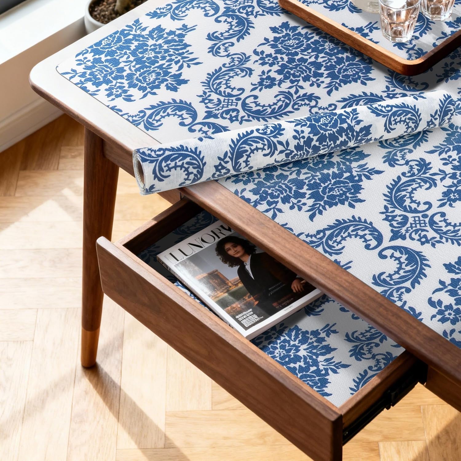 RAY STAR 12" x 10 Ft Shelf Liner for Kitchen Cabinets, Non-Adhesive Cabinet Liner Washable, Drawer Liner for Dresser Non-Slip Bathroom [Blue Damask](5 Rolls)