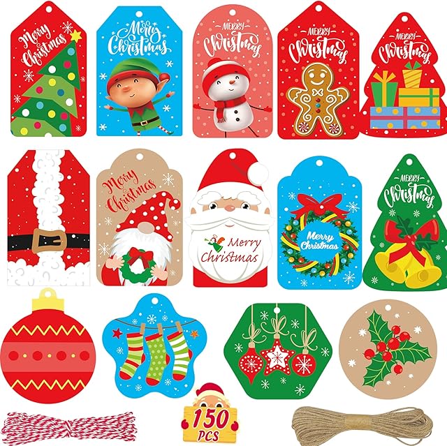 Funnlot 150 Pcs Christmas Gift Tags Christmas Presents Tags Christmas Present Labels Xmas Gift Tags with Twine Stings Christmas Tags for Presents Gift Wrapping Christmas Present Labels Tags