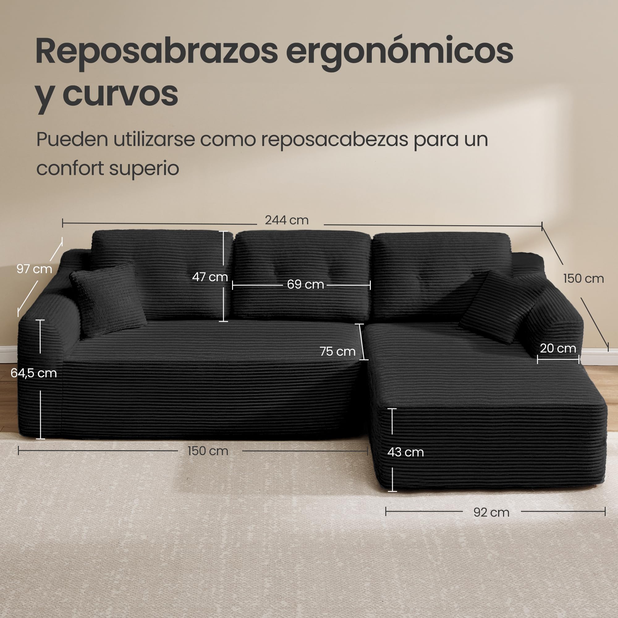 VASAGLE Sofá Esquinero, Sofá Modular de 244 cm, Entrega Compacta, Sin Montaje, con Gran Chaise Longue a la Derecha, para Salón o Habitación de Invitados, Negro, LCS184B101