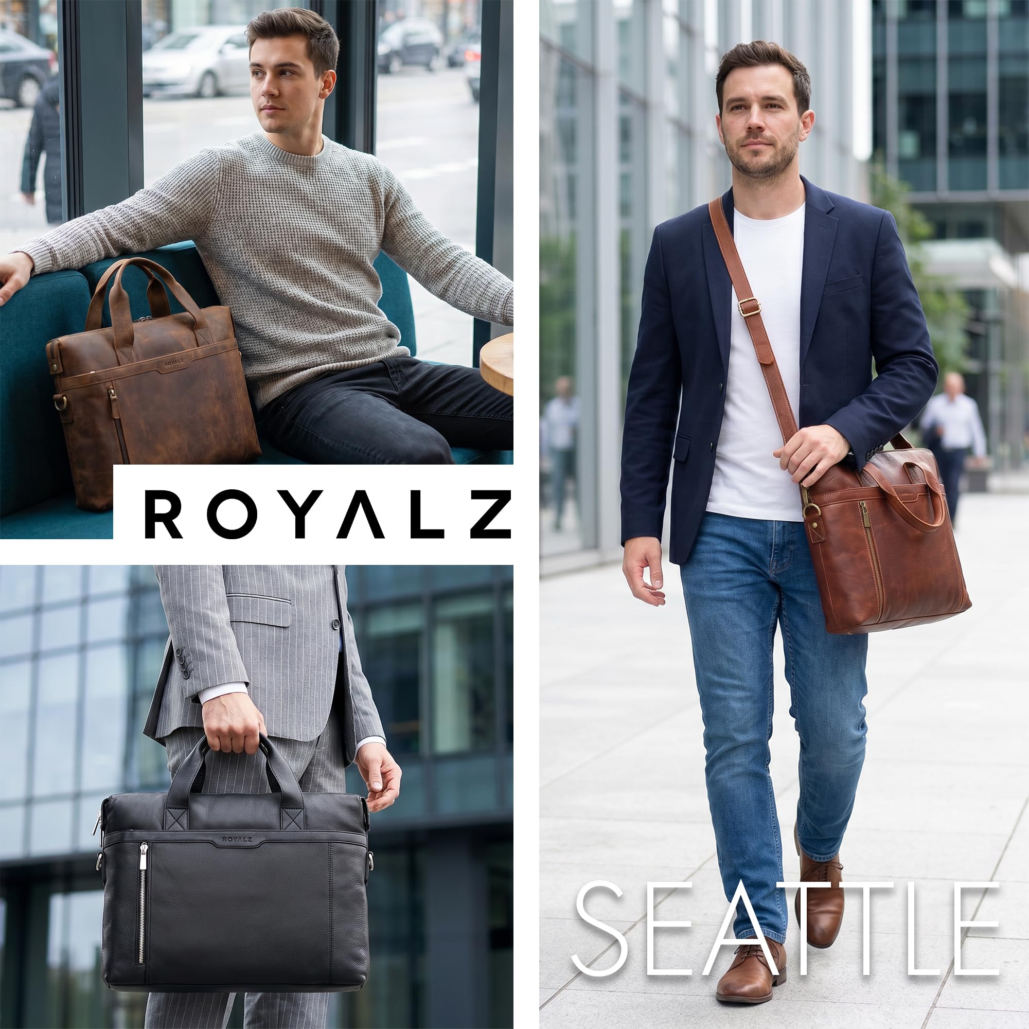ROYALZ 'Seattle' Moderne Ledertasche Herren aus Echtleder groß - ideal als Business Aktentasche flache Laptoptasche 14-15.6 Zoll zum Reisen mit Trolley Halter