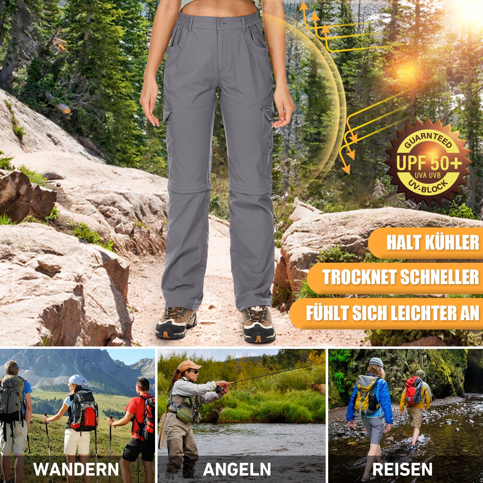 Damen-Wanderhose-Zip-Off-Trekkinghose, Atmungsaktiv Wanderhose Damen Schnell Stretch Trekkinghose Abnehmbar Funktionshose Outdoorhose Sommer Hiking Pants