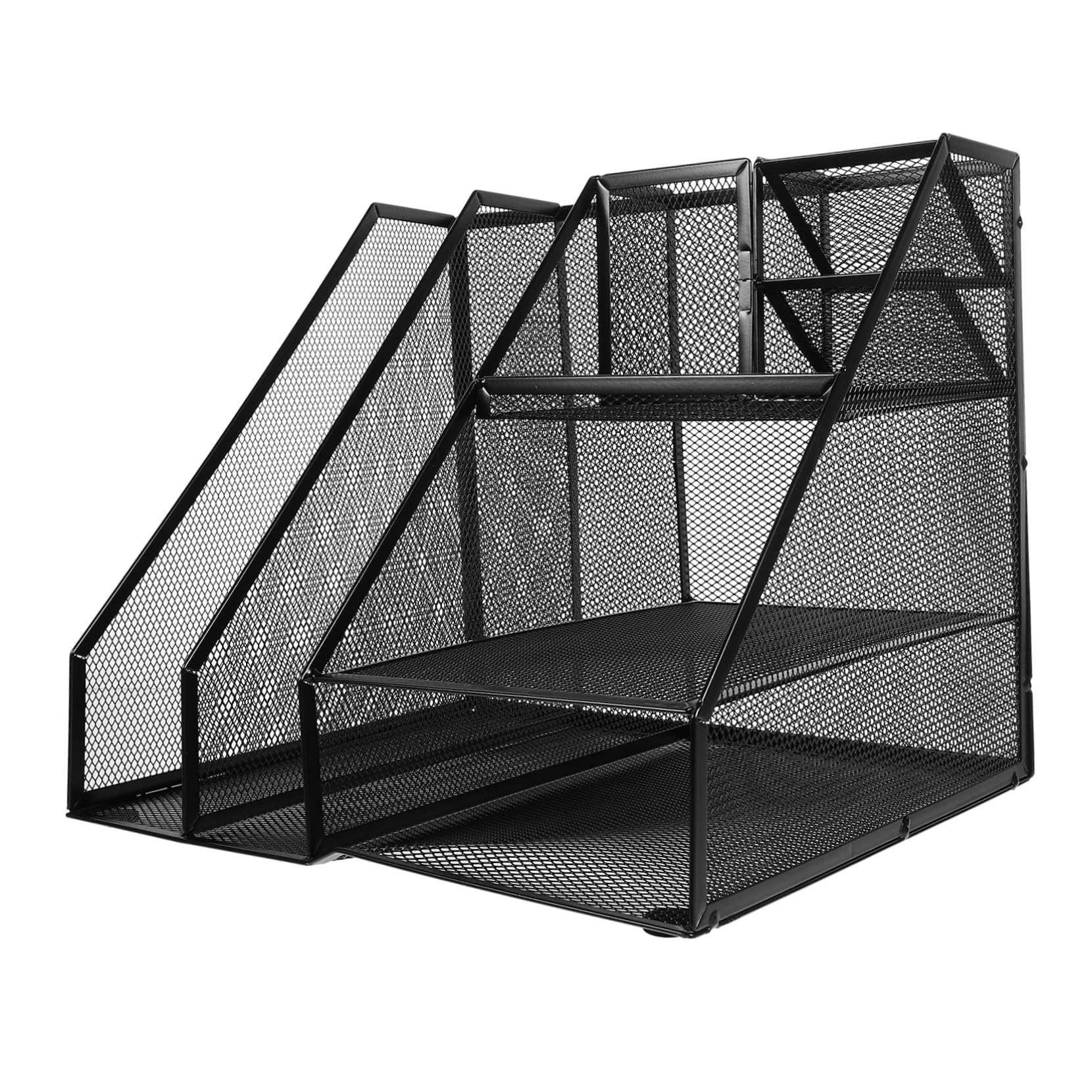 Yardenfun Schwarzer Aktenorganizer aus Eisen mit 2 Fächern und 3 Ebenen Großer Stauraum Multifunktionales Design mit Links Angebrachtem Stiftehalter für Büro