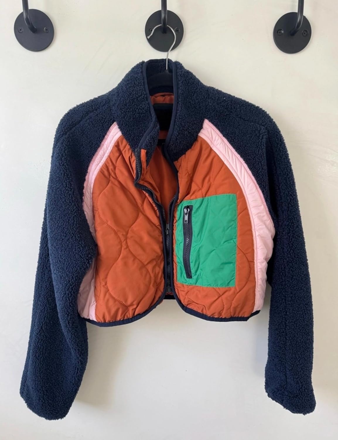 Womens Fuzzy Fleece Jacket Cropped Zip Up Long Sleeve Casual Outwear Warm Winter Patchwork Jackets - Image 3