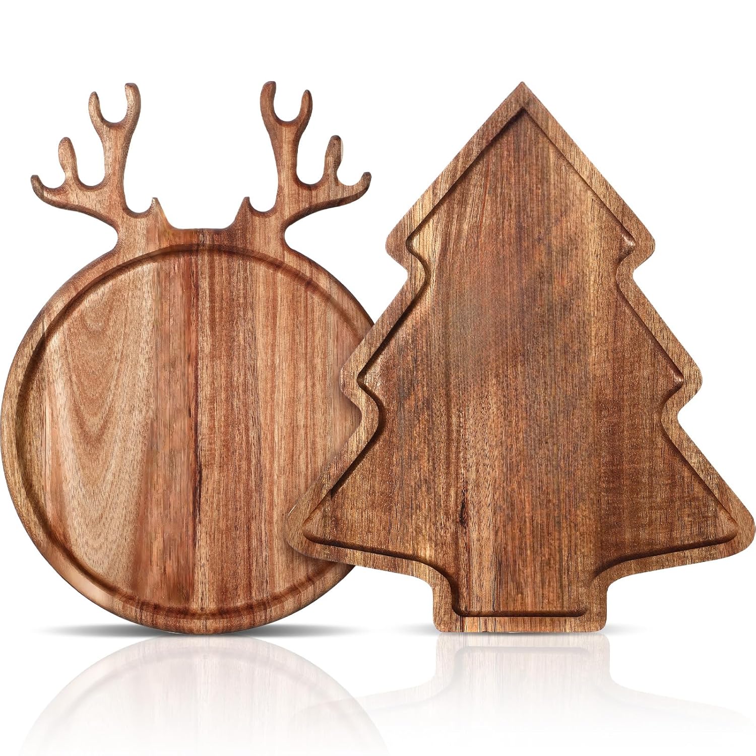 Umigy 2 Pcs Christmas Cutting Boards Wood Christmas Tree Charcuterie Board with Antler Handle Cute Acacia Wood Cutting Platter Serving Trays for Cheese Fruit Bread Salad...