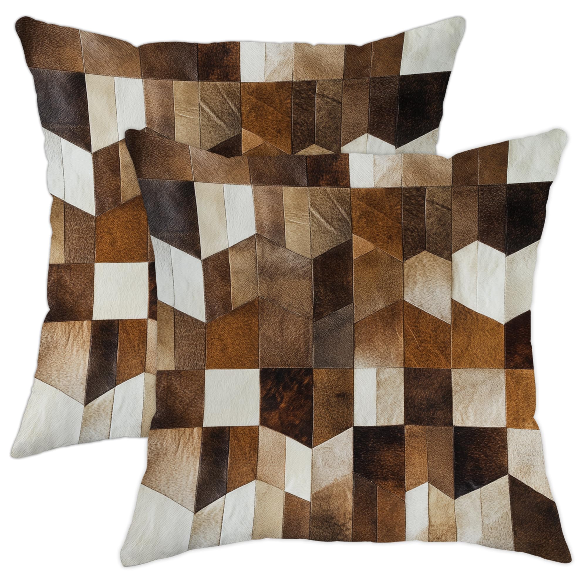 Geometric Pillow Covers Set of 2, Brown and White Faux Leather Decorative Throw Pillows, Rustic Home Decor for Living Room Sofa Couch, Winter and Fall