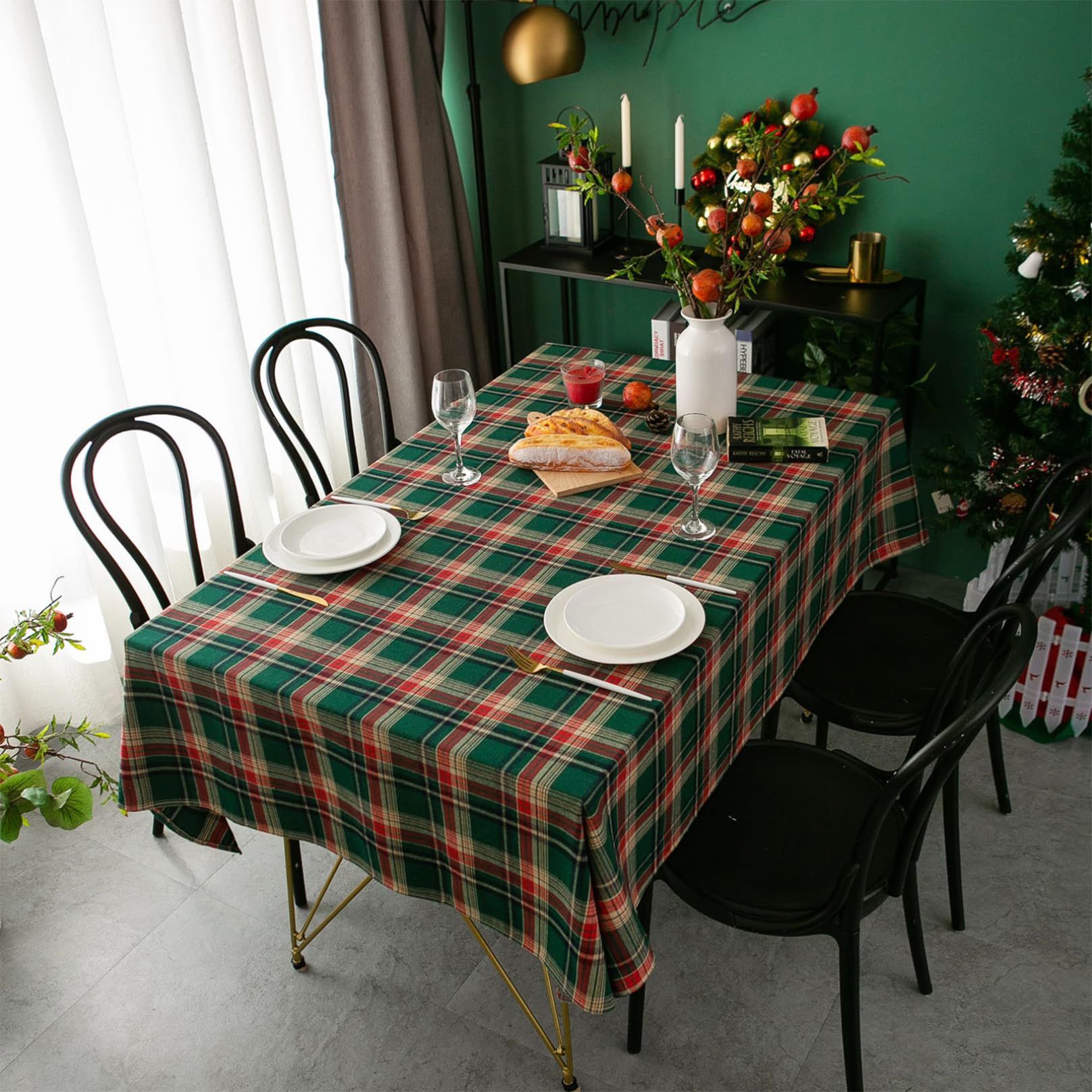 Mantel navideño Rectangular a Cuadros 55x79 Pulgadas Café Verde