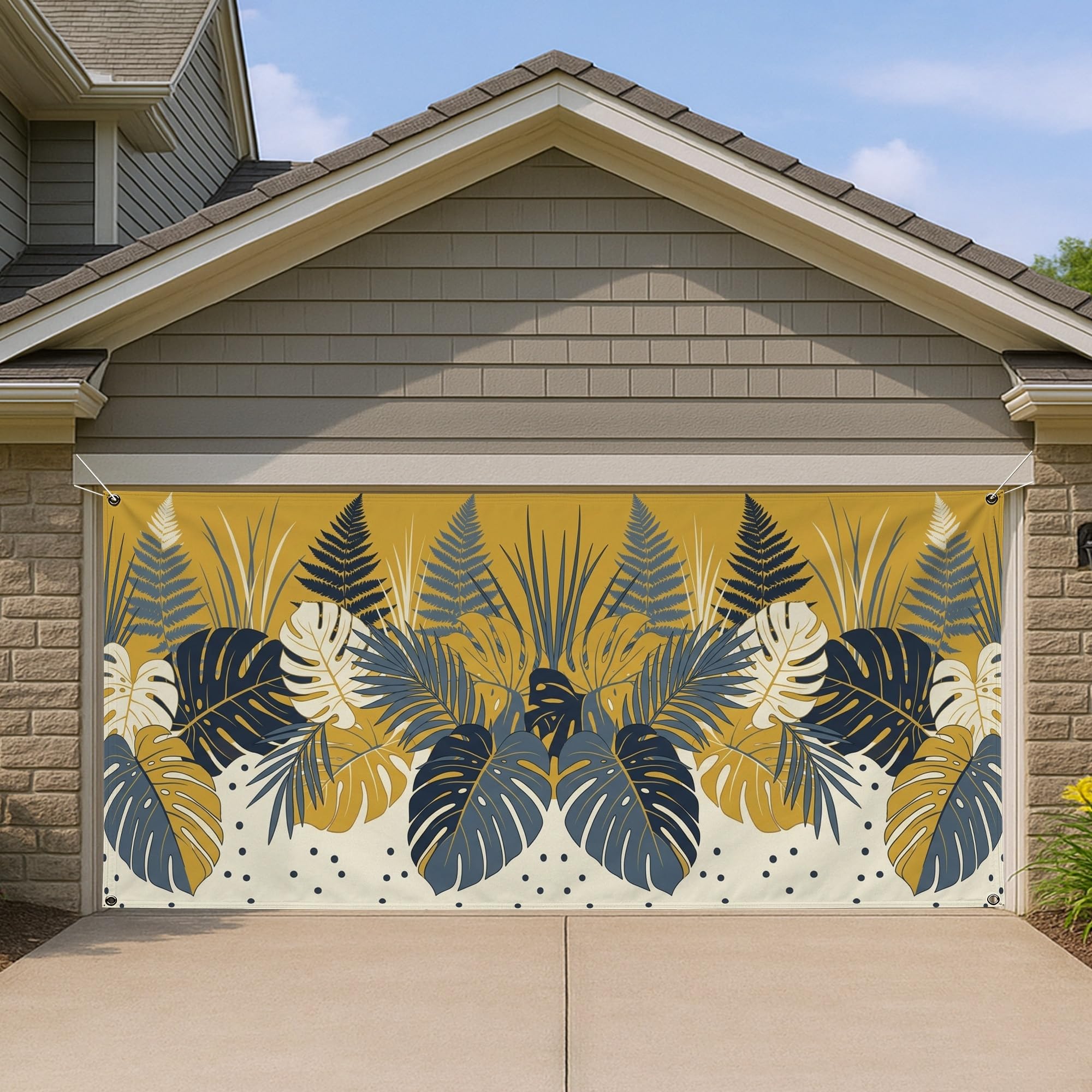 Grande bâche décorative jaune et bleu marine de 400x180 cm pour habiller une porte de garage
