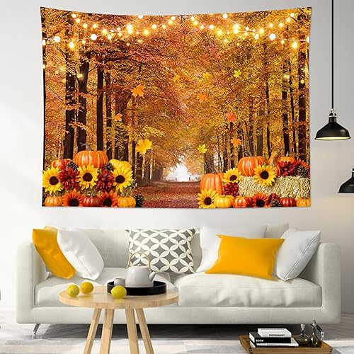 Miniatura 3 de HVEST Tapiz de calabaza de arce otoñal para colgar en la pared, tapiz de lámpara de girasoles y árboles de arce naranja, tapiz de paisaje otoñal