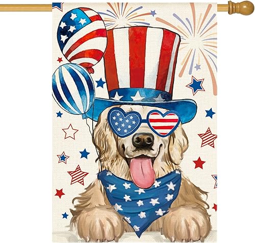 AVOIN colorlife Bandera patriótica de la casa Golden Retriever del 4 de julio, 28 x 40 pulgadas, doble cara exterior, estrellas y rayas americanas