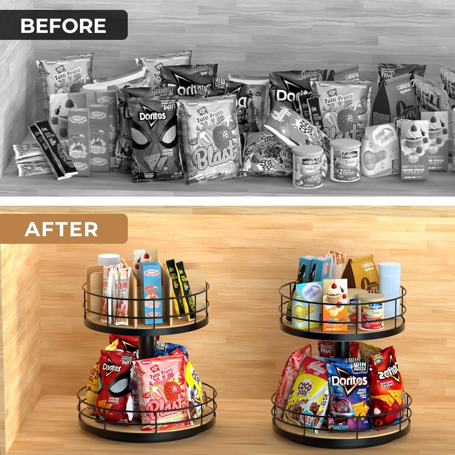 Snack Organizer - Versatile Snack Storage 2 Tier Lazy Susan with Convenient Grab-and-Go Design, Wood and Metal Snack Holder for Home, Office, Breakroom, 12.13" L x 12.13" W x 12.56" H - Image 5