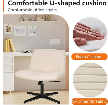 FDW Criss Cross Chair Armless Cross Legged Office Desk Chair Adjustable Swivel Ergonomic Desk Chair No Wheels U Shaped Backrest with Wide Seat Native Sponge Computer Task Vanity Chair for Home Office