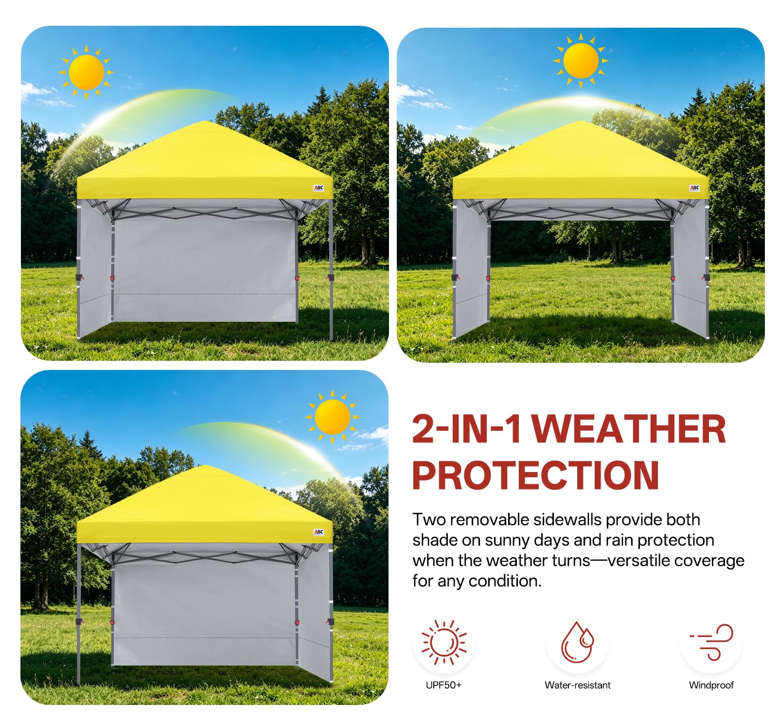 ABCCANOPY Faltpavillon UV50+ mit 2 Seitenwänden, Gelb 300 cm | 500D Polyester,wasserdicht, 4 Sandsäcke & Rolltragetasche – für Garten & Camping