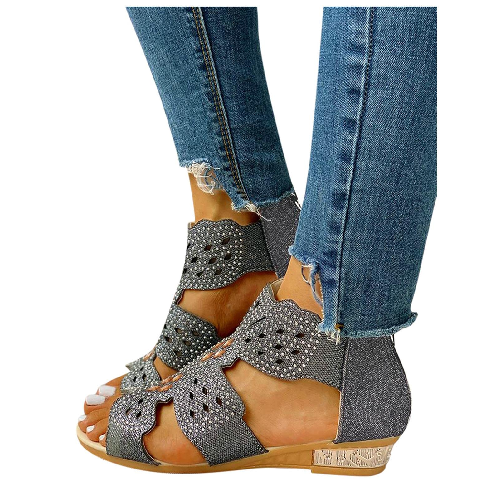 Hbeylia Flat Sandals for Women,Rhinestones Hollow Out Peep Toe Cross Strap Sandals for Womens Glitter Zipper Roman Gladiator Sandals Shoes Summer