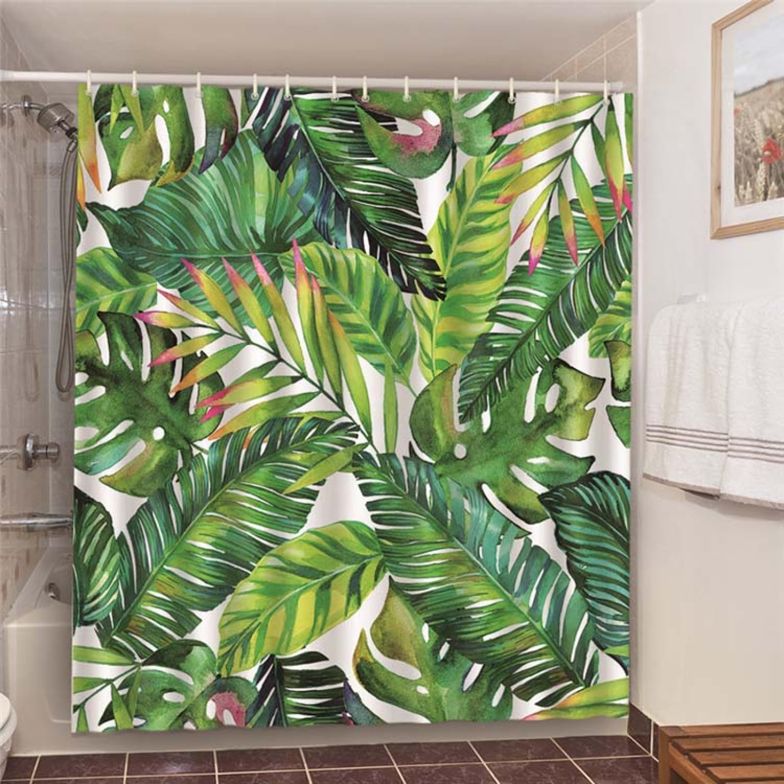 Tenda Doccia Foglie Verdi Tropicali Tenda Doccia Antimuffa Impermeabile Poliestere Lavabile con 12 Ganci Facile da Installare Tende Finestra Bagno per Dormitorio Hotel(180x220cm)