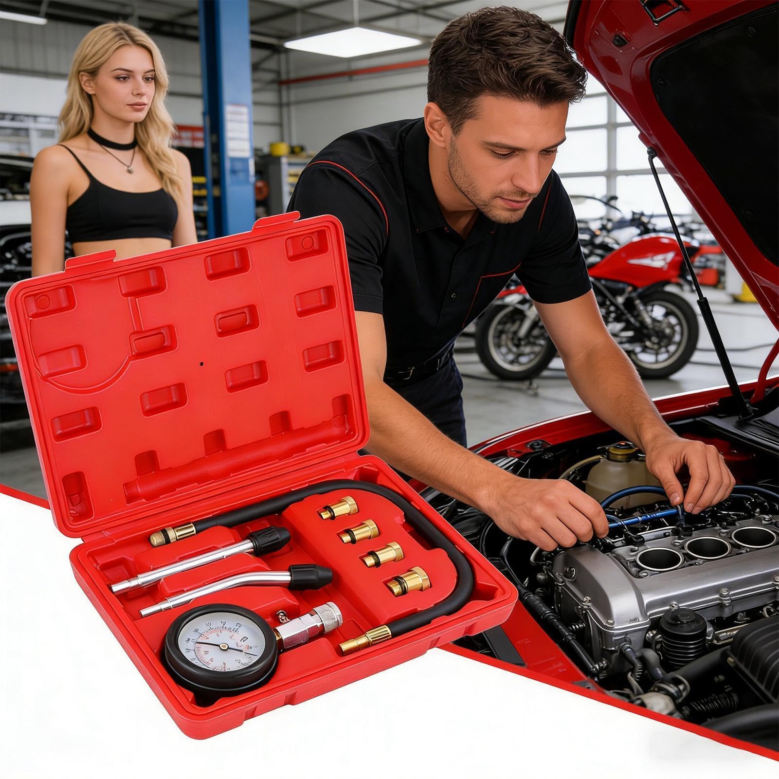 Générique Jauge de Compression | Mètre Précis Portable - Kit de testeur de Compression pour Motocyclette | pour Voiture, véhicule, berline, Pickup, Moto, Automobile, Atelier Domestique