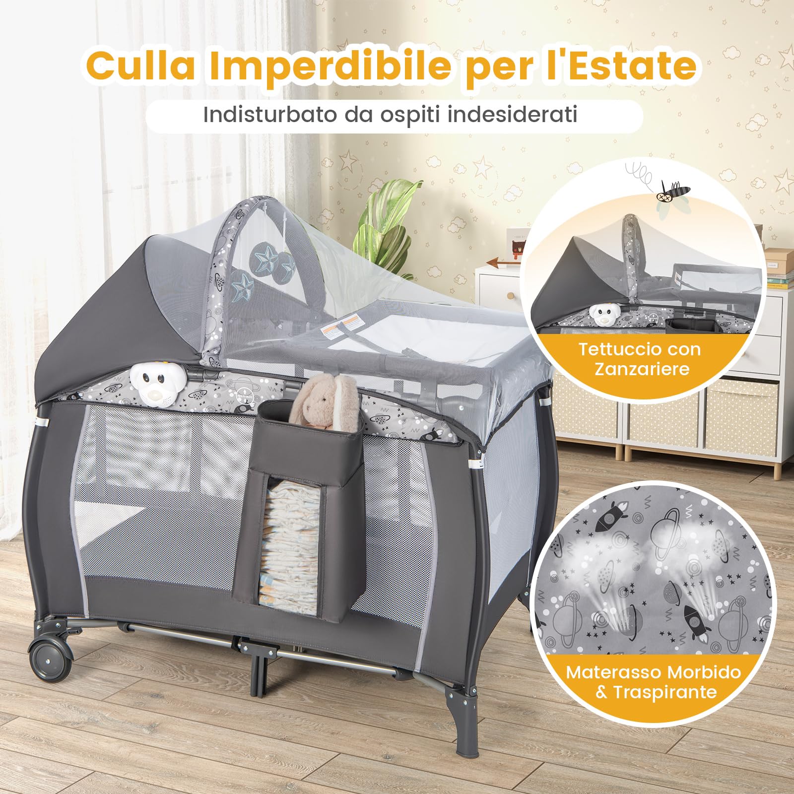 RELAX4LIFE 4 in 1 Lettino da Campeggio con Materasso per Bambini, Culla da Viaggio per Neonati con Fasciatoio, Baldacchino Retrattile con Zanzariera, Adatto a Bambini da 0 a 36 Mesi (Grigio, Stile 2)