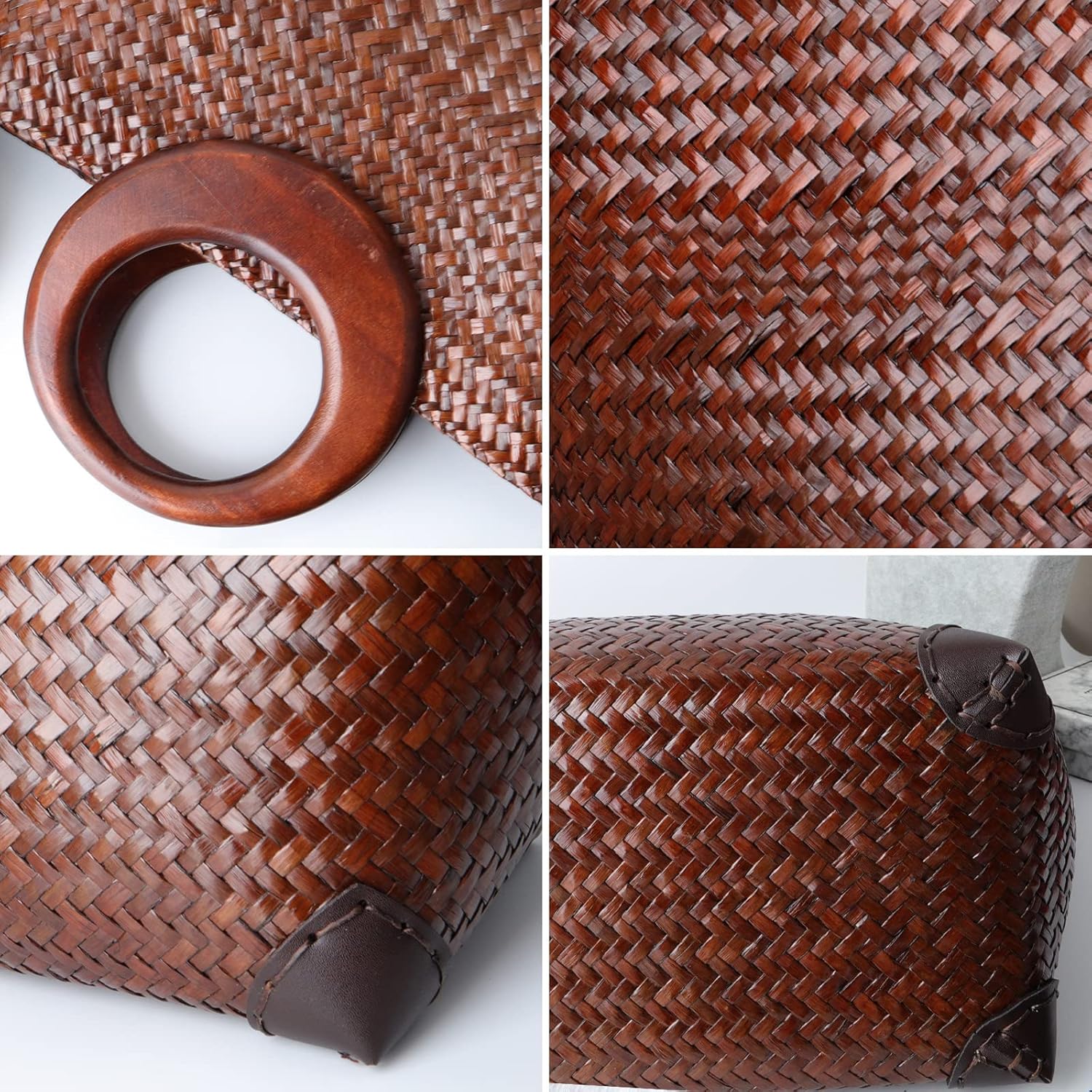 Hand-woven Womens Straw Large Boho Handbag Bag for Women, Summer Beach Rattan Tote Travel Bag with Wood Round Top Handle (Brown) - Image 4