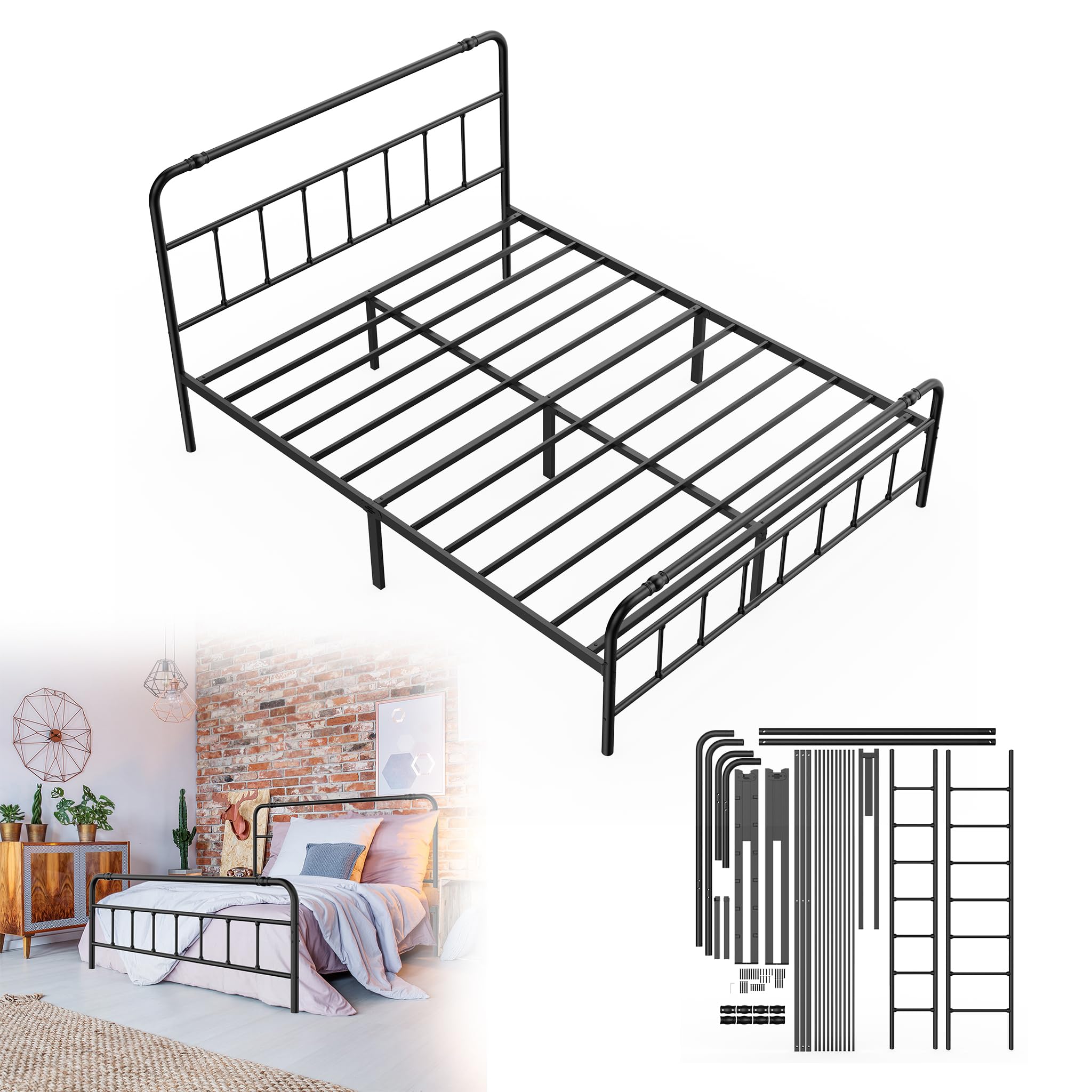 YRHome Rama łóżka z zagłówkiem, nowoczesne, metalowe łóżko, 160 x 200 cm, łóżko platformowe z metalu, wytrzymałe listwy stalowe, podwójne łóżko, czarne miejsce do przechowywania pod łóżkiem, do