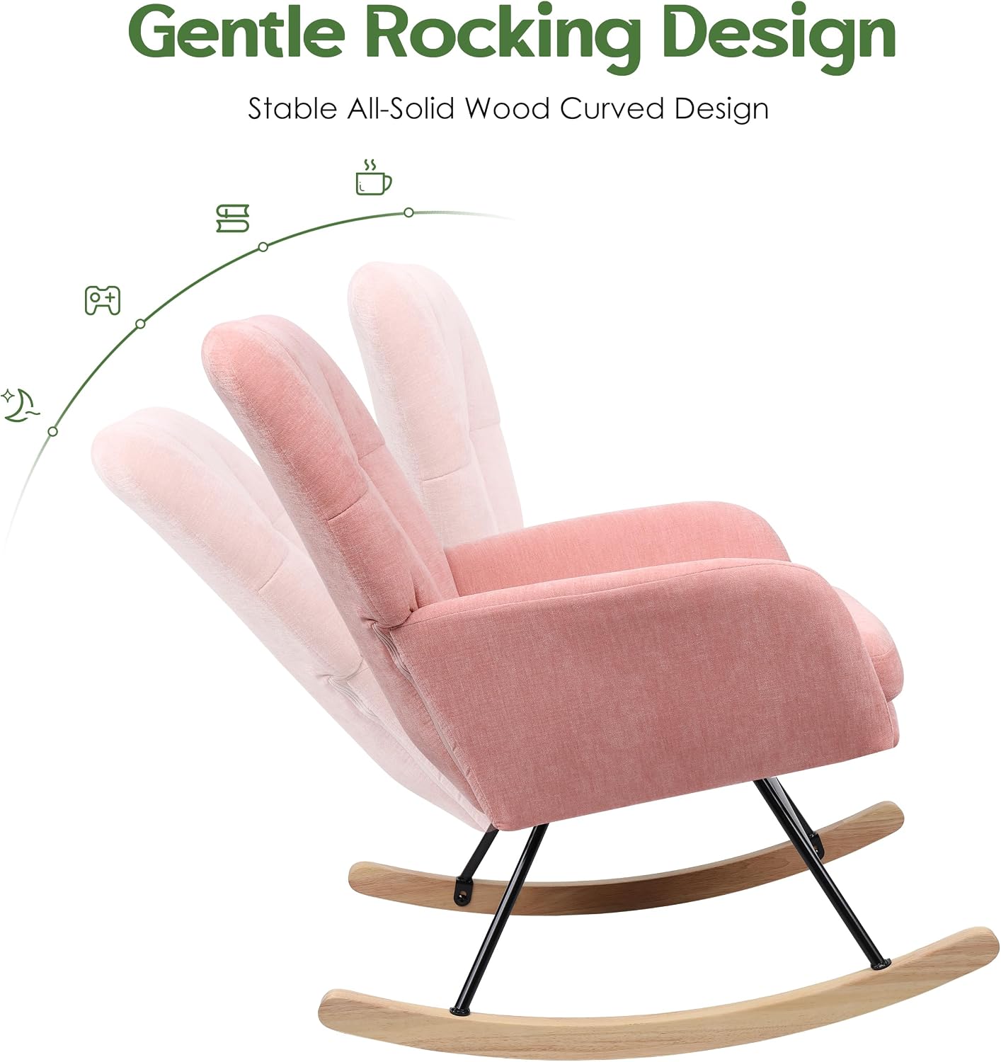 Nursery Rocking Chair Upholstered, High Backrest Glider Rocker Accent Chair with Padded Removable Cushion Comfy Nursing Chair for Living Room Bedroom Office, Pink