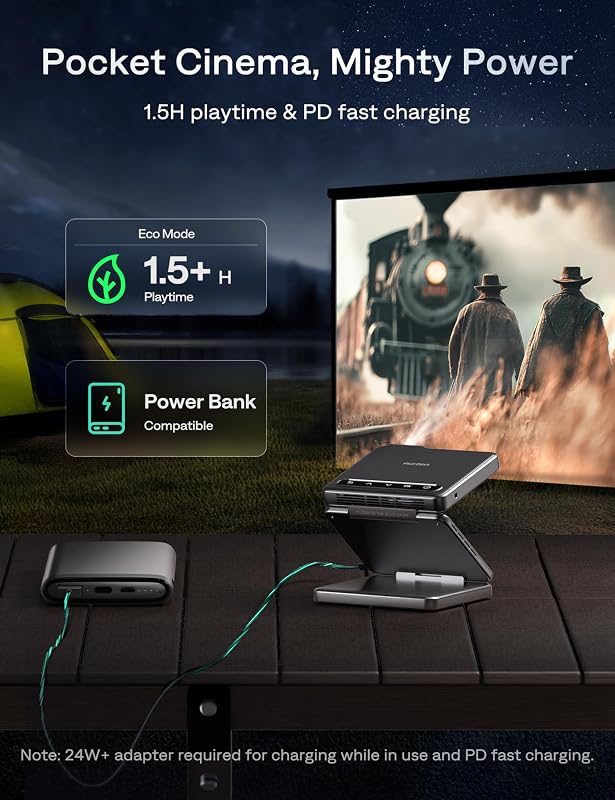 Mini proiector portabil Aurzen cu baterie încorporată pliabilă, suport 4K, focalizare automată, corecție trapezoidală, Bluetooth 5.4, HDMI, USB, gri