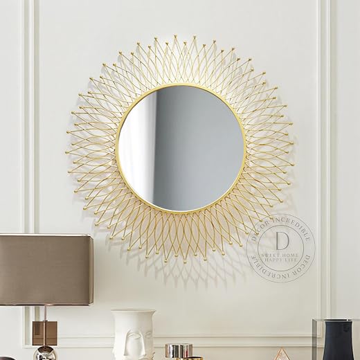 Decor incredible Round Sunburst Wall Mirror Gold Metal Frame for Decoration Decorative Design Stylish Latest Large Item Ab...