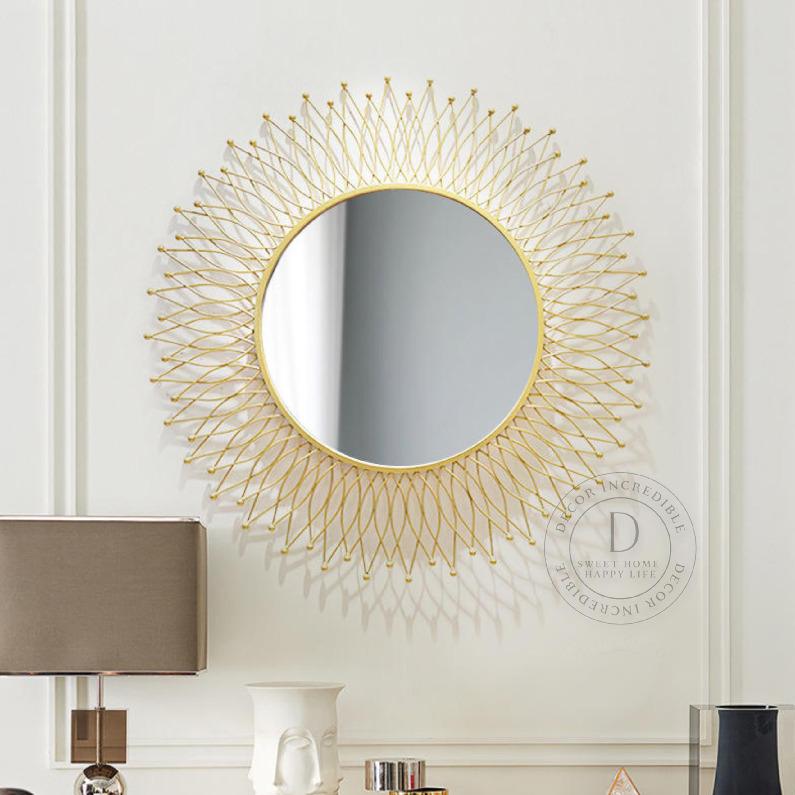 Metal Round Wall Mirror with Frame, Decorative Mirror Vanity for Home Decor Mirror for Bathroom Wall Living Room Kitchen Bedroom Dining Room Dressing Room Gold Finished 24x24 Inch-image-48