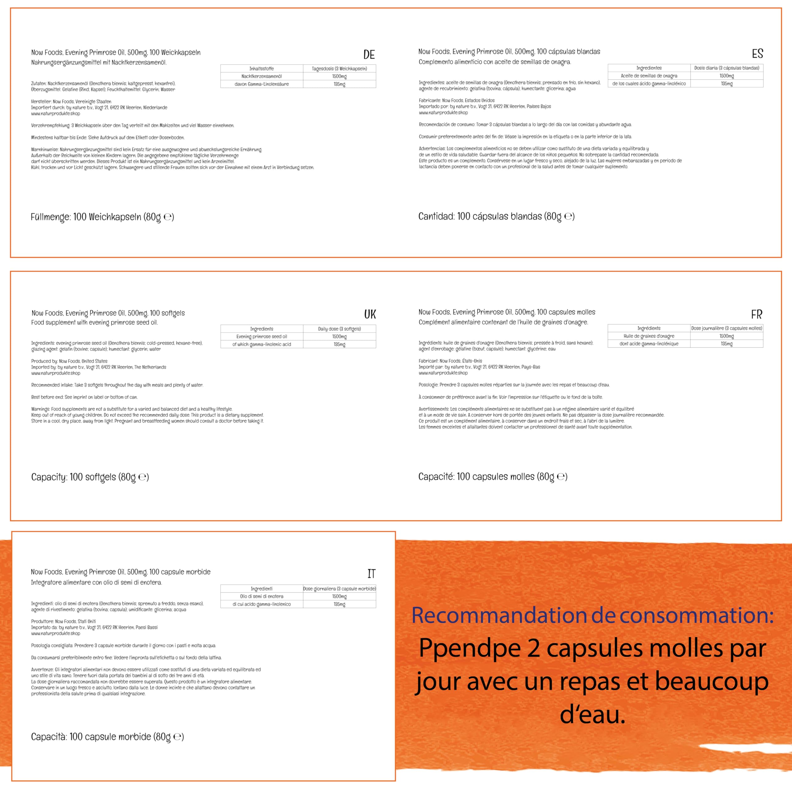 Now Foods, Evening Primrose Oil (Huile d'Onagre), avec Acide Gamma-Linolénique, 500mg, 100 Capsules molles, Testé en Laboratoire, Sans Soja, Sans Gluten, Sans OGM