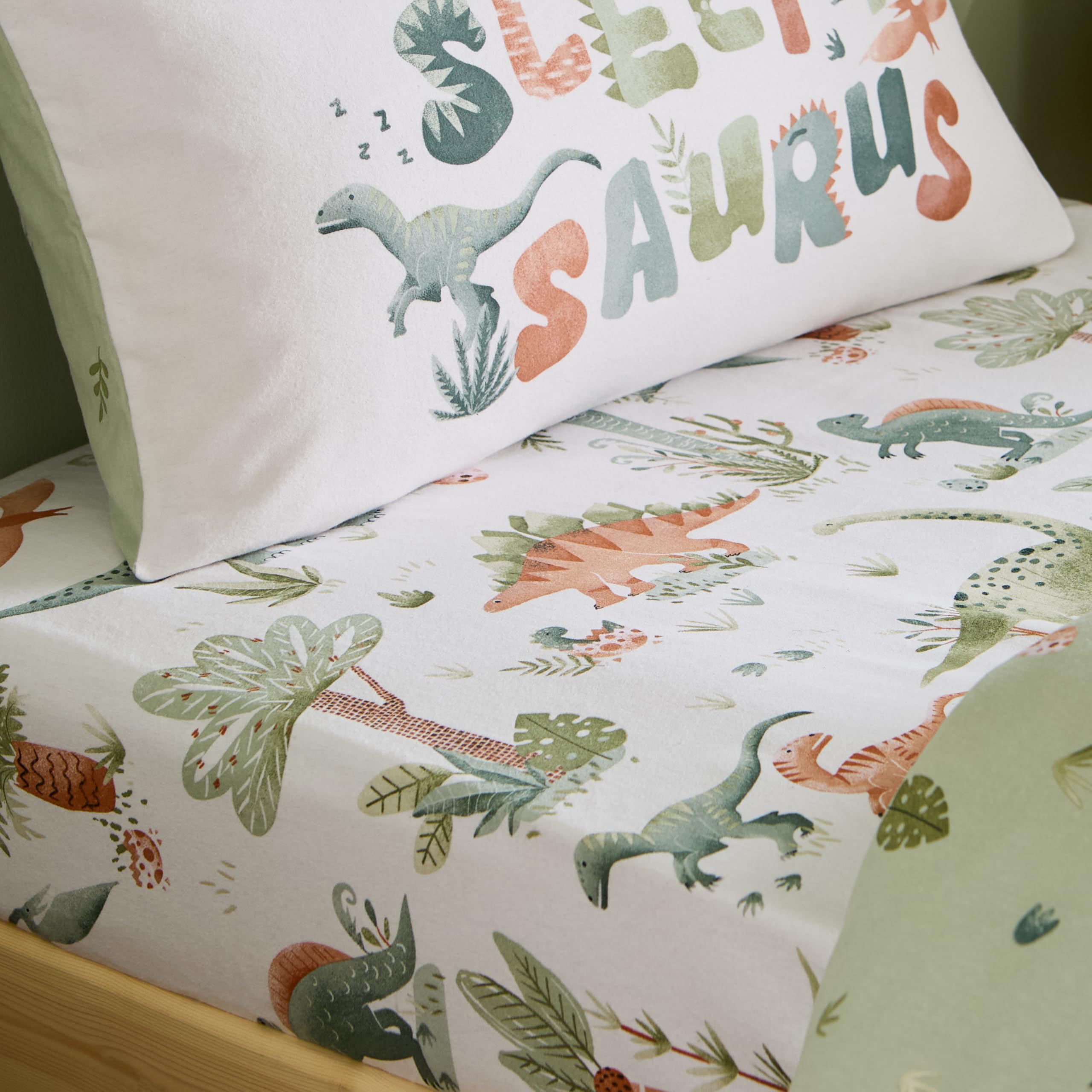 Catherine Lansfield  Cream Brushed Sleepy Saurus Dino Cotton Fitted Sheet in Size Double, Sports Direct