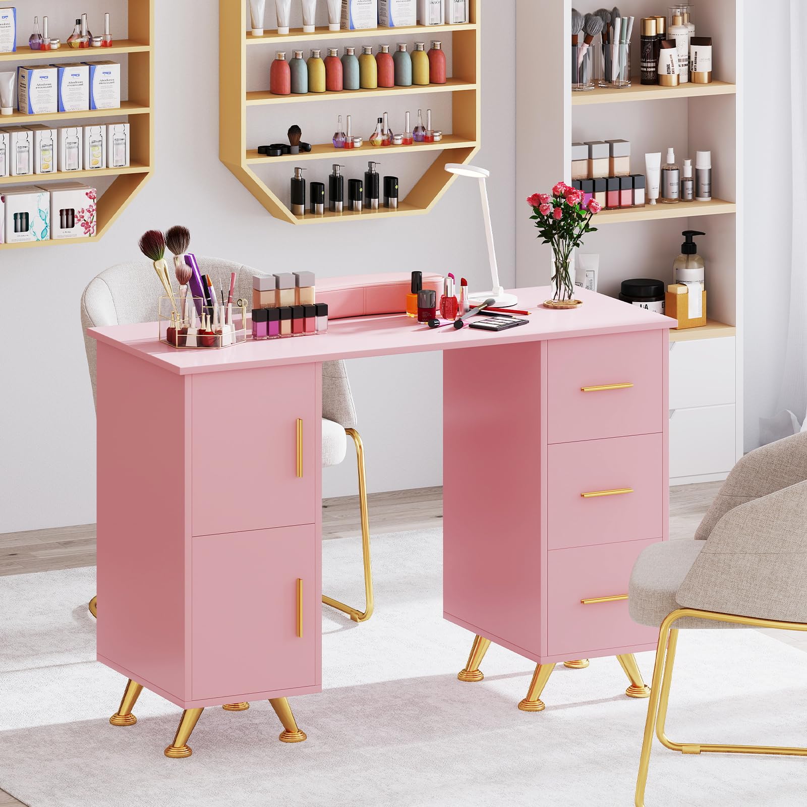 COSTWAY Tavolo per Manicure, Tavolo per Unghie con Cassetti, Cuscino Poggia Polsi e Gambe in Metallo, Stazione per Unghie Estetista Nail Art per Salone di Bellezza (Rosa)