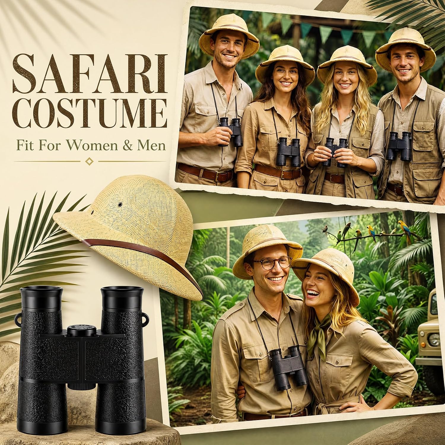 Liitrsh 2 Pcs Safari Costume Accessories for Men Jungle Zoo Keeper Explorer Safari Outfit Pith Helmet Binocular for Halloween