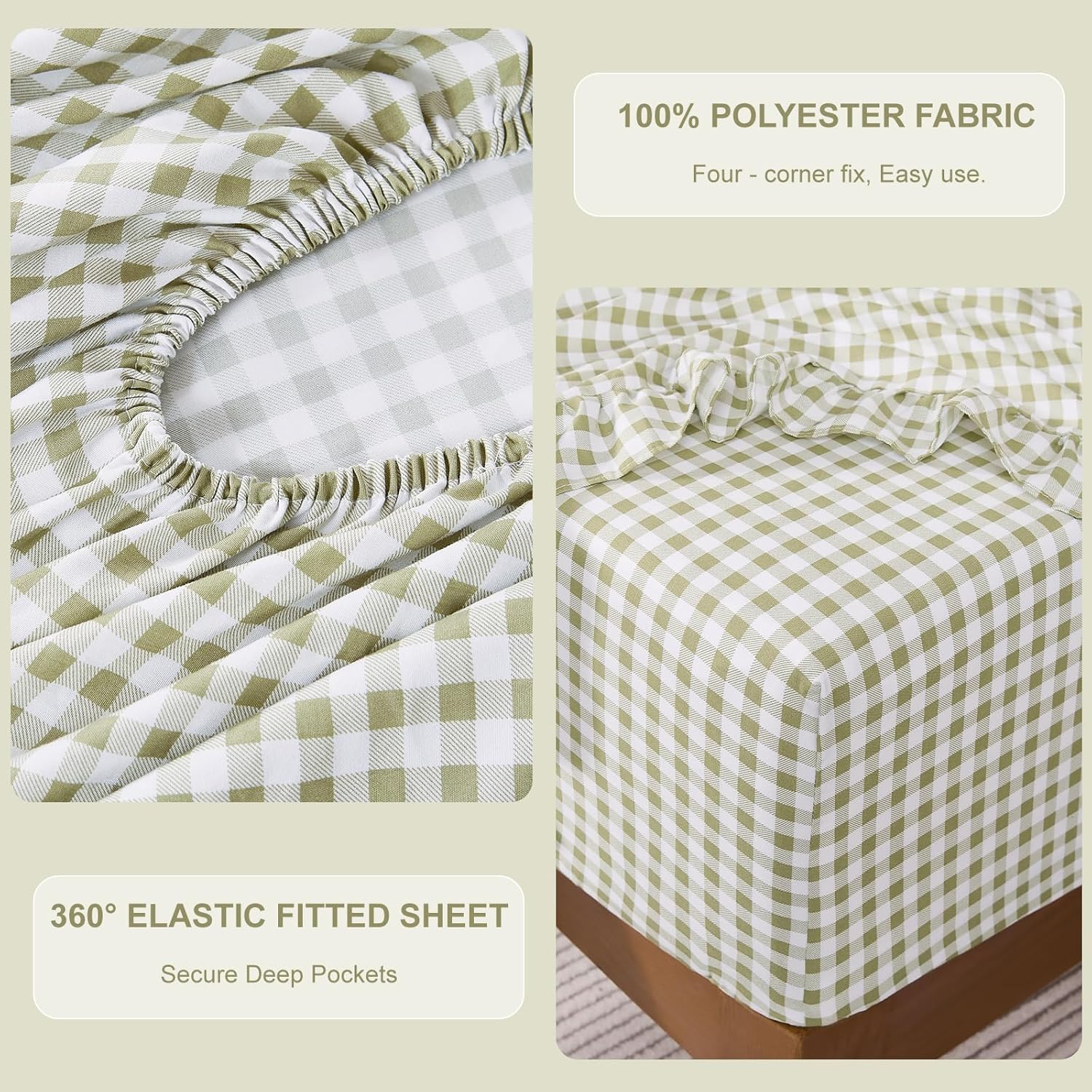 Gingham Full Sheet Set, Lightweight Super Soft Brushed Microfiber Plaid Bed Sheets with 16" Deep Pocket, 4 Piece Ruffle Farmhouse Bedroom Decor, Sage Green - Image 4
