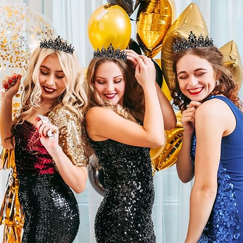 Miniatura 6 de SuPoo Banda negra de cumpleaños y corona de metal para mujer, decoración de princesa con purpurina con peine, recuerdo de fiesta de feliz cumpleaños