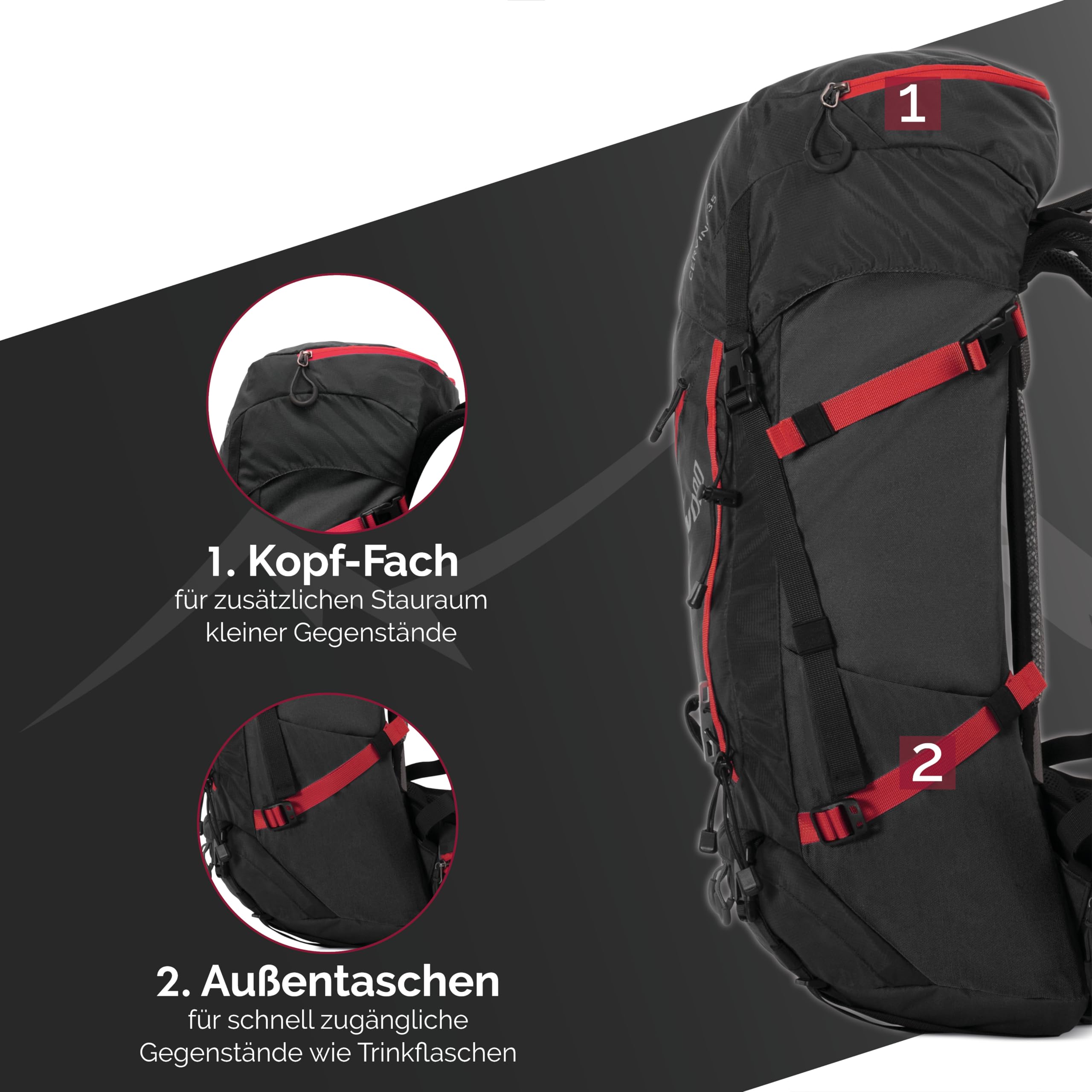 Steinwood Wanderrucksack Herren & Damen 35L - Outdoor-Rucksack, Reiserucksack, Tagesrucksack wasserabweisend mit Regenschutz und Rückenbelüftung, schwarz