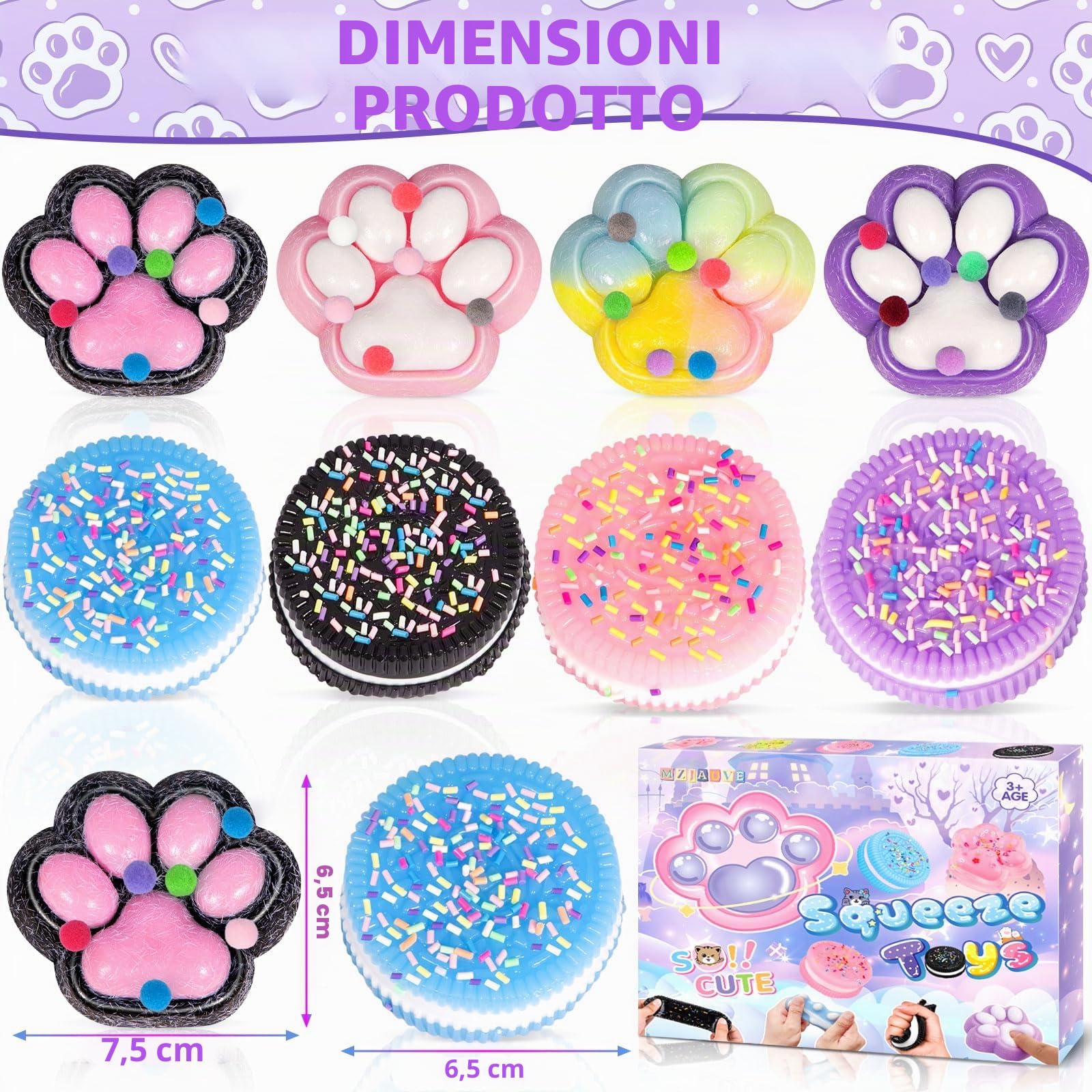 4 pezzi giocattolo per stringere zampa di gatto, 4 pezzi Squishy Oreo, Taba Squishy Kit, Squeeze Toys, Kawaii Squishys Giocattoli, Giocattoli antistress per bambini e adulti, Natale