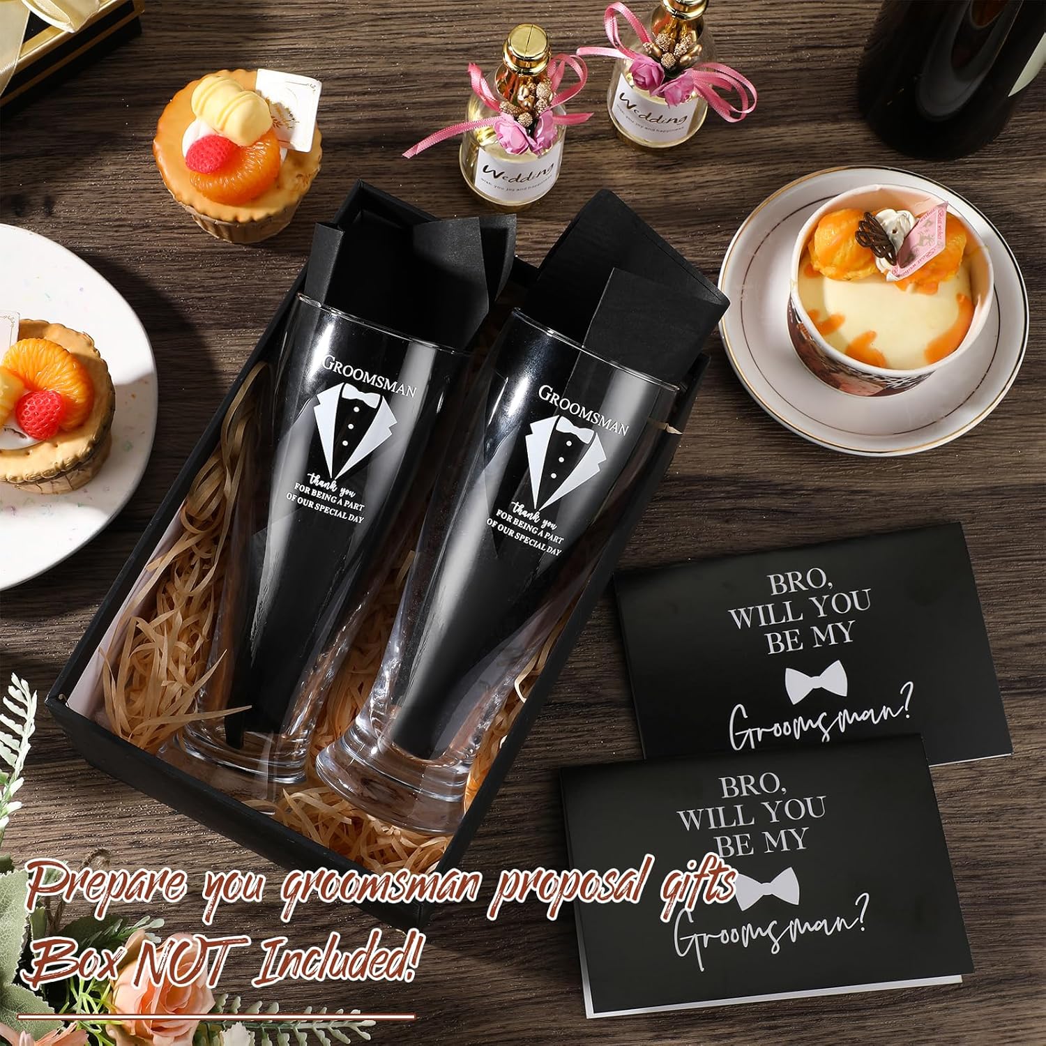 Nuanchu Set of 7 Groomsman Proposal Gifts Best Man Gift Beer Glass Set with Tuxedo Glasses Will You Be My Groomsman Cards Tissue Paper for Bachelor Party(16 oz,Pilsner Glasses)