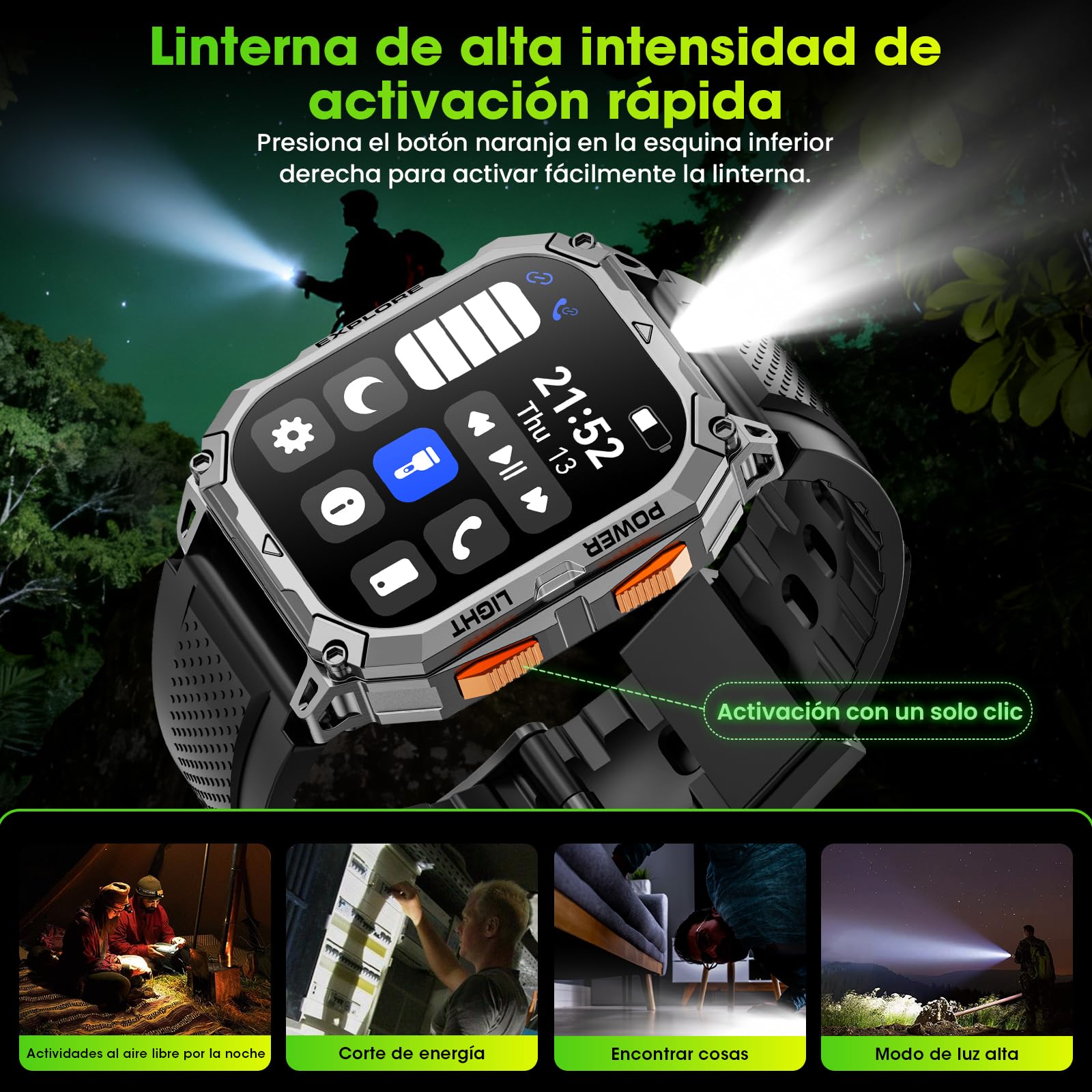 Reloj Inteligente Hombre con Linterna/1000 mAh Batería, 2.01" HD Smartwatch Militar con 110+ Modos Deportivos, Relojes Inteligentes Hombre con Bluetooth Llamadas/Monitor Sueño/Pulsómetro Android iOS