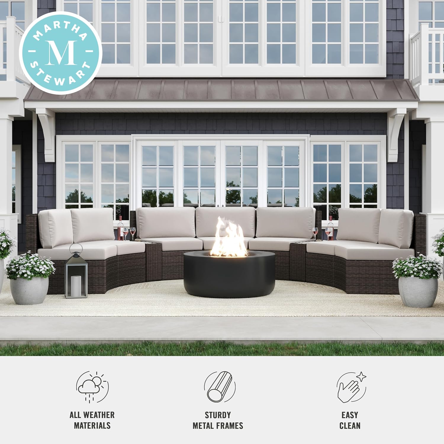 Martha Stewart Bedford Indoor-Outdoor Tapered Patio Side Table with Inset Tempered Glass Top and Rattan Wicker Finish in Brown