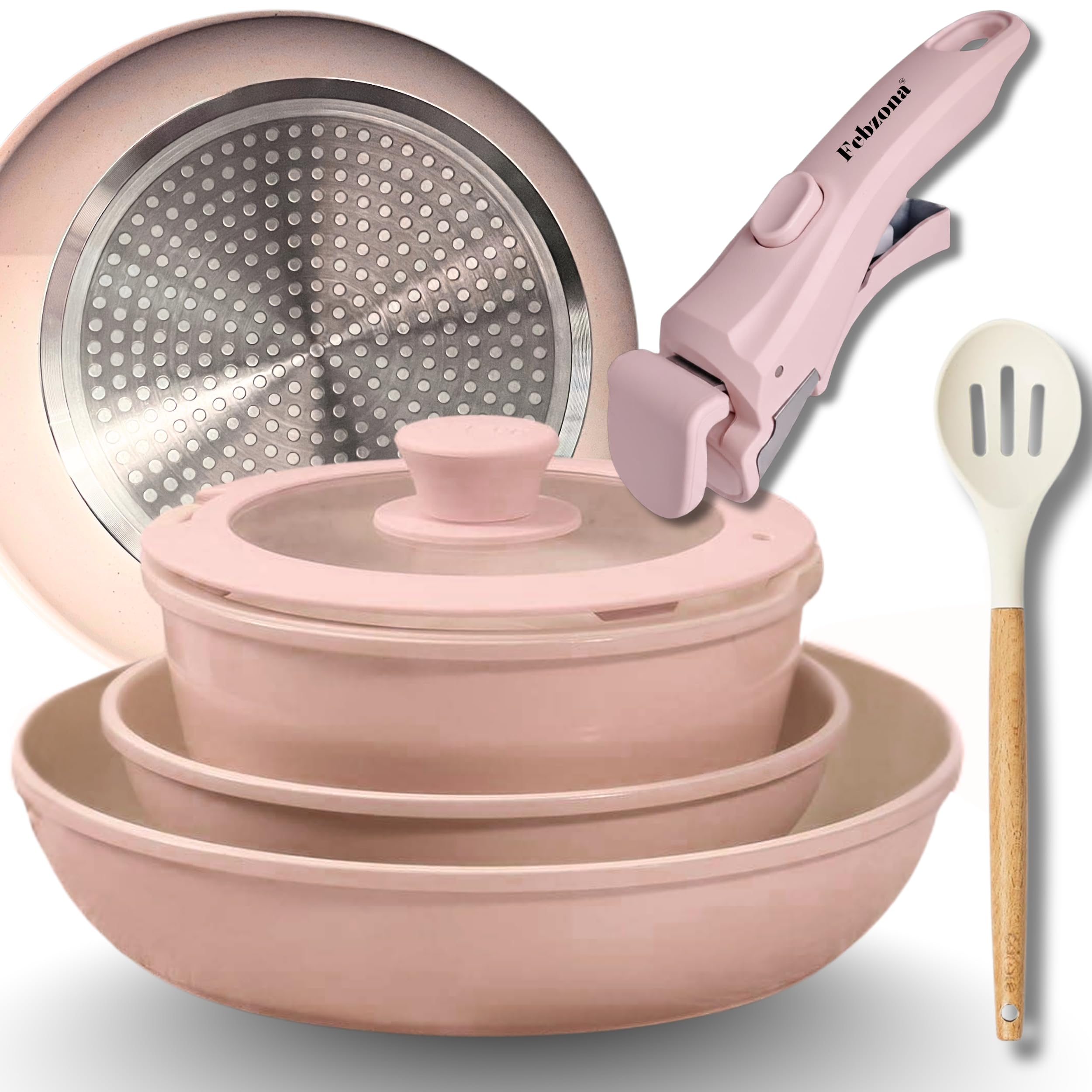 Febzona 6 Pcs Pots and Pans Non Stick Cookware Combo Set Induction Ready, with Detachable Handle, Stackable Kitchen Cooking Set Removable Handle, Oven Safe, frypan Tea pan Utensils (Pink Dual) discount deal