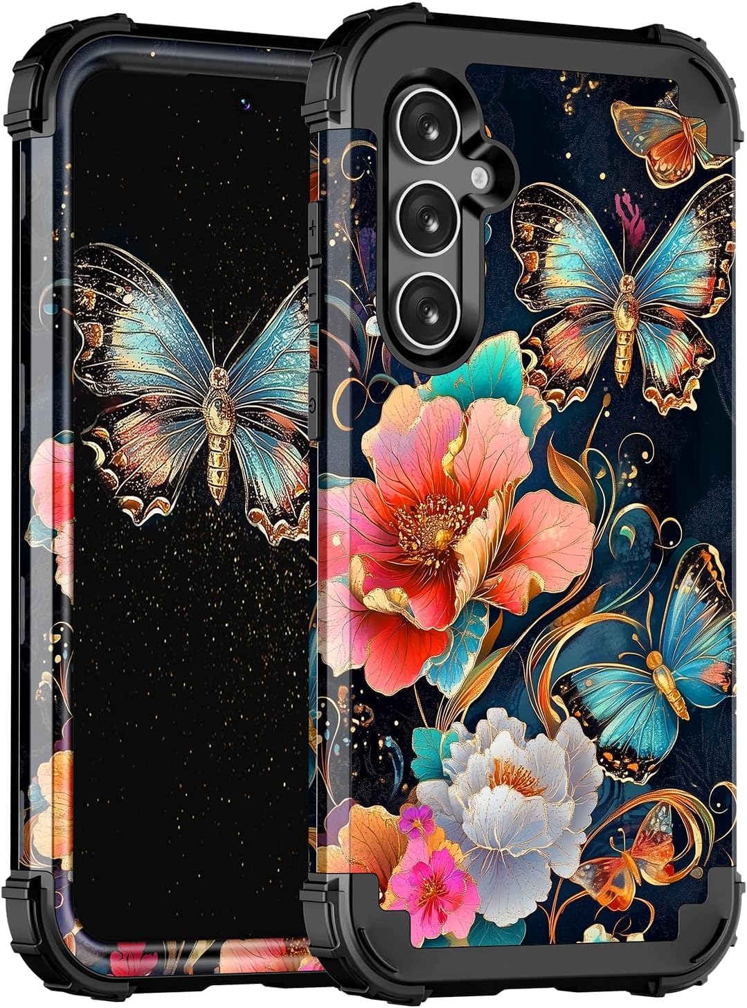 Hekodonk for Galaxy S25 FE Case,Three Layer Heavy Duty Shockproof Protection Hard Plastic+Soft Silicone Full Body Drop Protective Case for Samsung Galaxy S25 FE,Black Butterfly